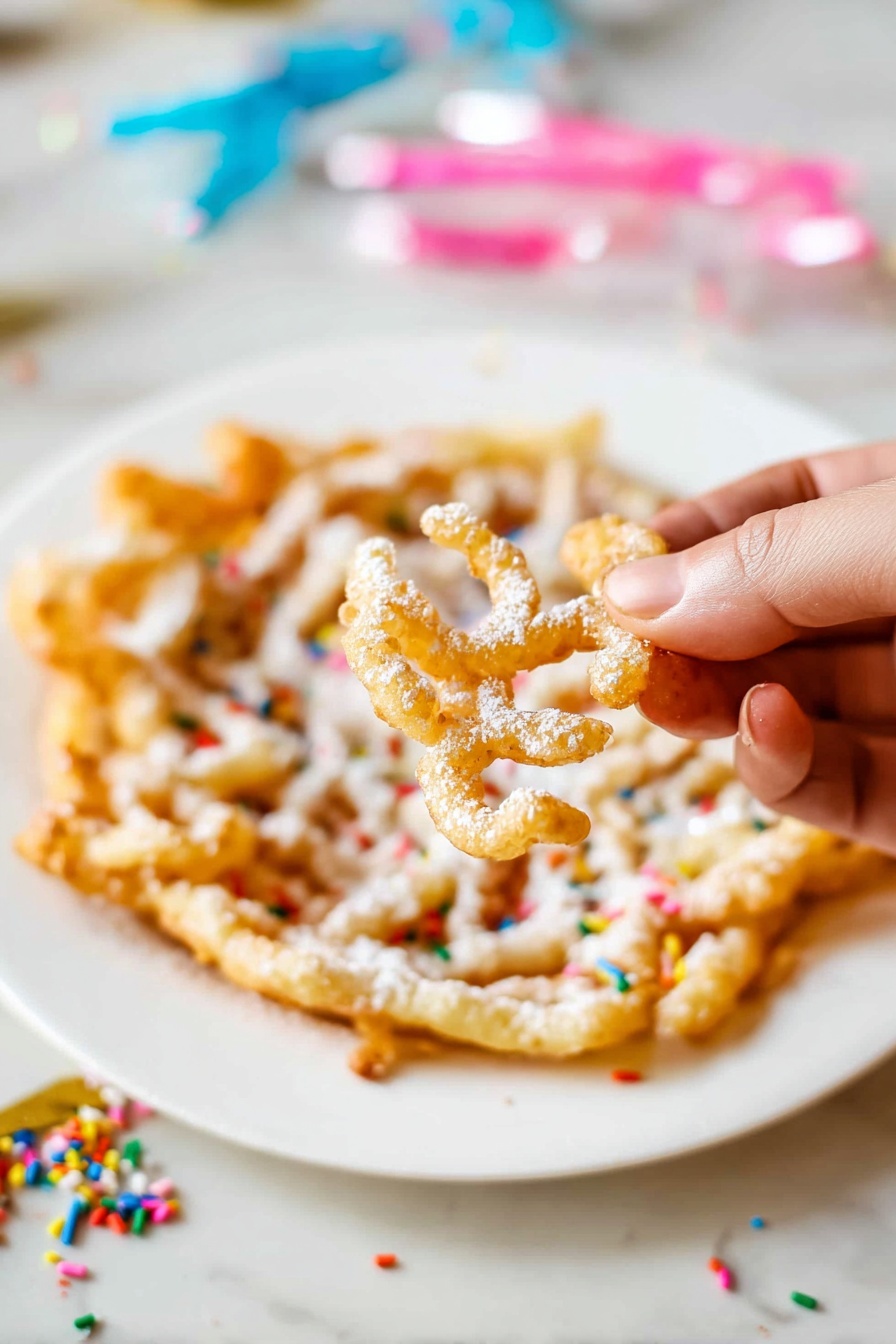 A single funnel cake sits flat on a white plate with a decorative edge, showcasing a golden-brown color with a crispy texture and a web-like pattern formed by the batter. The whole top of the funnel cake is covered with a thick layer of white powdered sugar that also spills slightly onto the plate around it. In the background, there is a blurred turquoise bowl filled with more powdered sugar. The surface beneath the plate is a white marbled texture. photo taken with an iphone --ar 2:3 --v 7