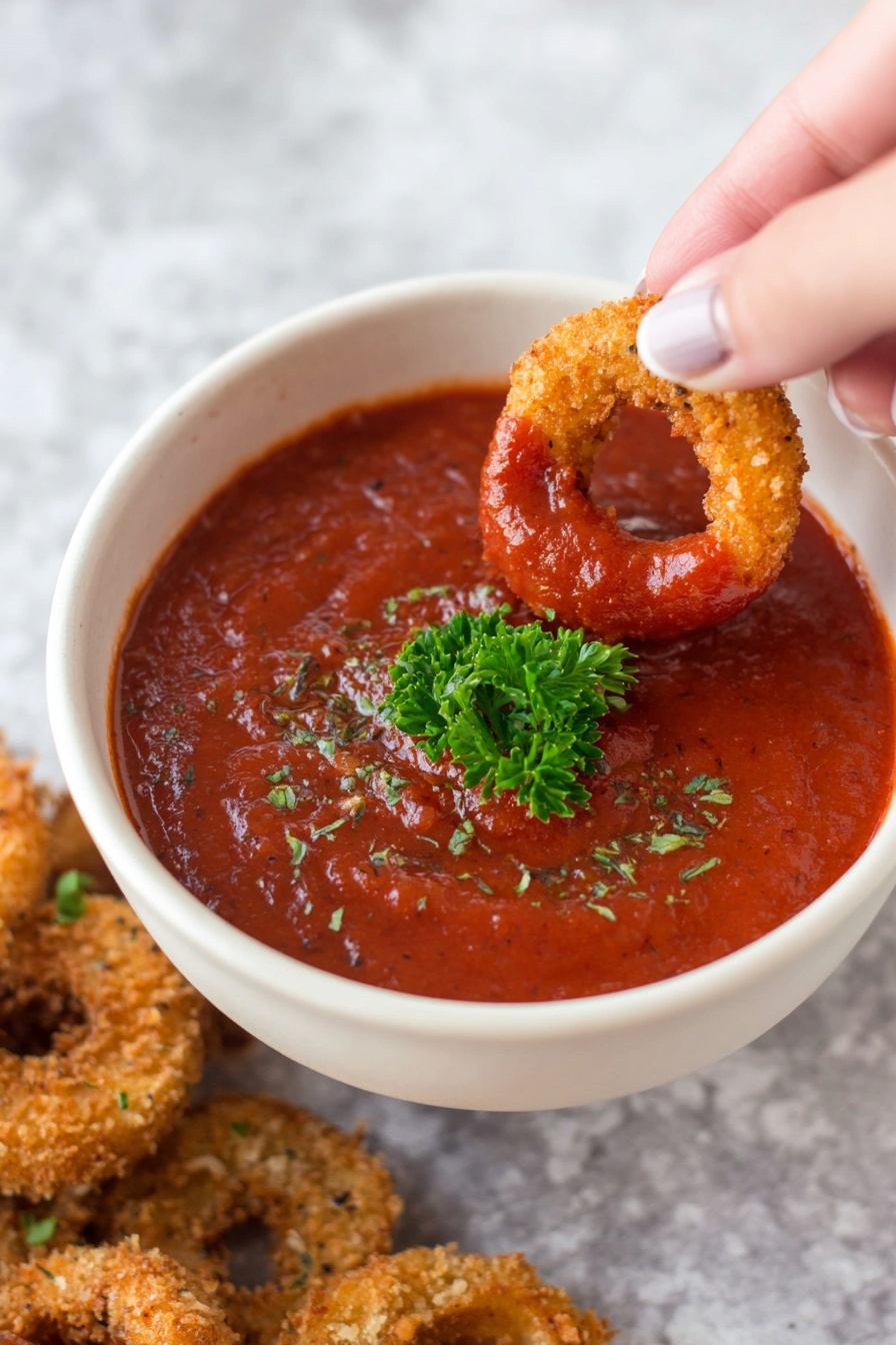 A woman's hand holds a golden brown fried onion ring dipped halfway into a thick, bright red marinara sauce inside a white round bowl. The sauce has a slightly textured surface with small bits and a sprig of fresh green parsley resting in the center, adding a pop of color. The bowl sits on a white marbled surface with part of another bowl of more fried onion rings visible in the lower left corner. Photo taken with an iphone --ar 2:3 --v 7