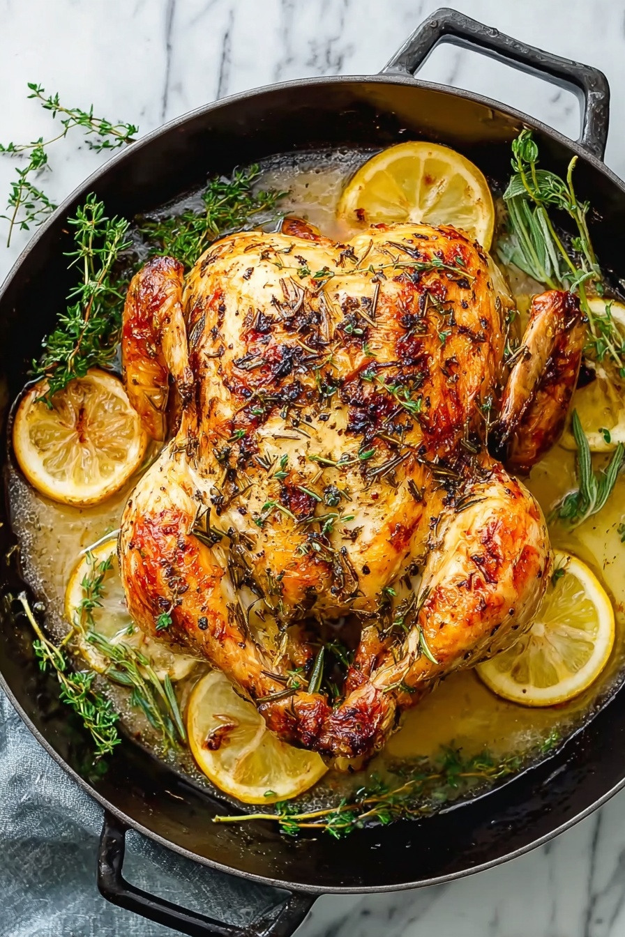 A whole roasted chicken with golden brown, crispy skin covered with green herbs and seasoning sits centered in a white round pan. The chicken is surrounded by bright yellow lemon slices and sprigs of fresh green rosemary and thyme that add contrast. The chicken’s legs are stretched out nearby with visible grill marks and a juicy texture. The pan is placed on a soft white marbled surface with a white and black checkered cloth partially visible in the background. Fresh green chopped herbs are scattered around for extra detail. photo taken with an iphone --ar 2:3 --v 7