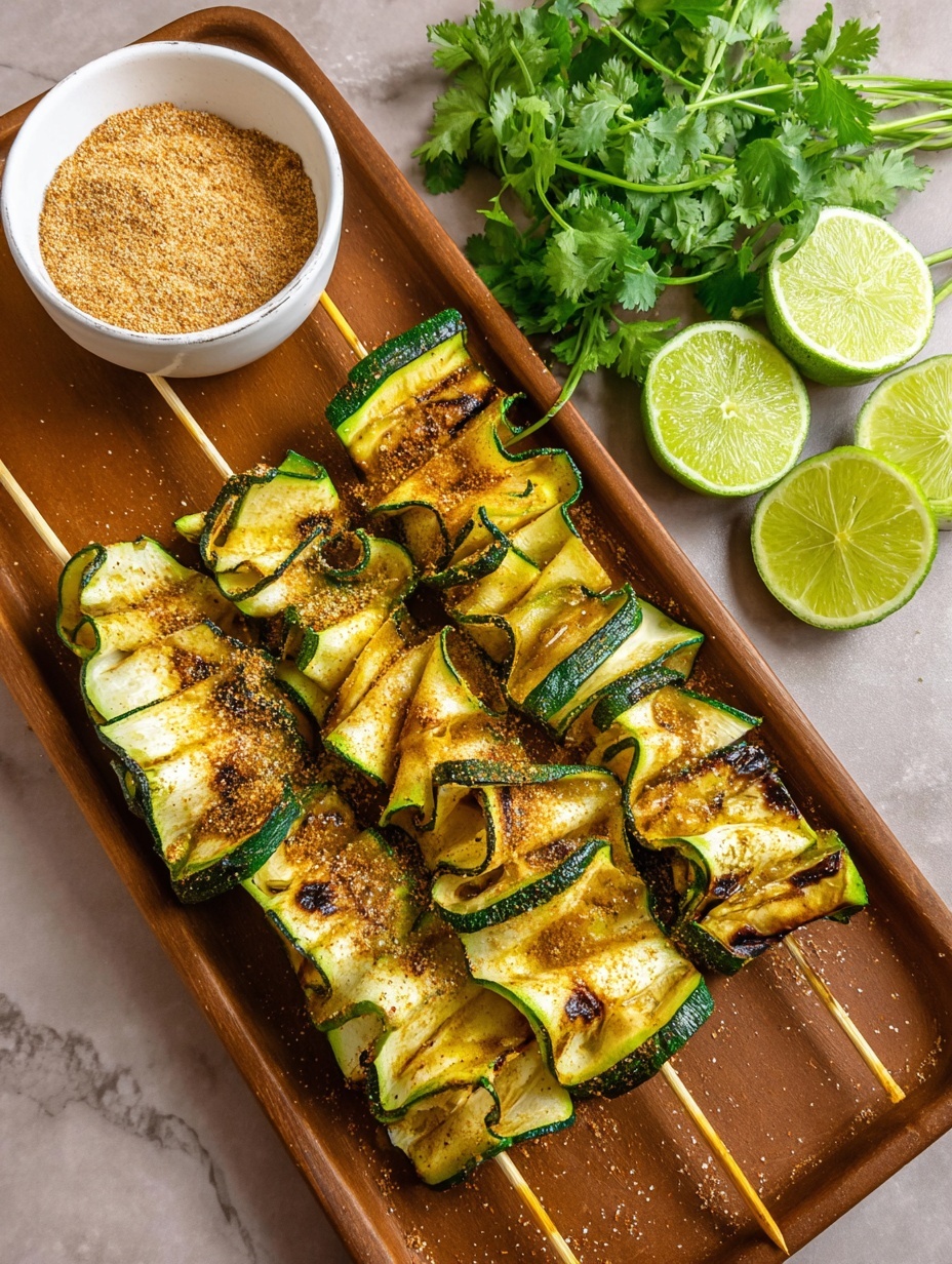 Three skewers of thin, folded, grilled zucchini slices form loose layers on a brown tray with a textured surface, each slice showing light golden browning and green edges. At the top corner of the tray, there are three green lime wedges arranged closely, and on the side, there's a small white bowl filled with brownish-red seasoning powder. Fresh green cilantro leaves are placed next to the tray on a dark gray surface changed to a white marbled texture. The photo is clear and bright, taken with an iphone --ar 2:3 --v 7