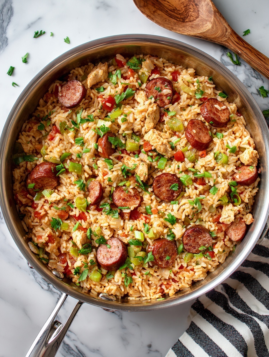 A white bowl filled with a mix of rice, sliced browned sausage, chunks of cooked chicken, diced green celery, and small pieces of red tomato, all mixed together with a slightly glossy texture from the seasoning. The dish shows a variety of colors from the light brown rice and chicken, dark brown sausage slices, green celery, and bright red tomatoes. A gold and black spoon is placed inside the bowl on the left side. The bowl rests on a black and white striped cloth on a white marbled surface, with a blurred second bowl of the same dish partially visible in the background. photo taken with an iphone --ar 2:3 --v 7