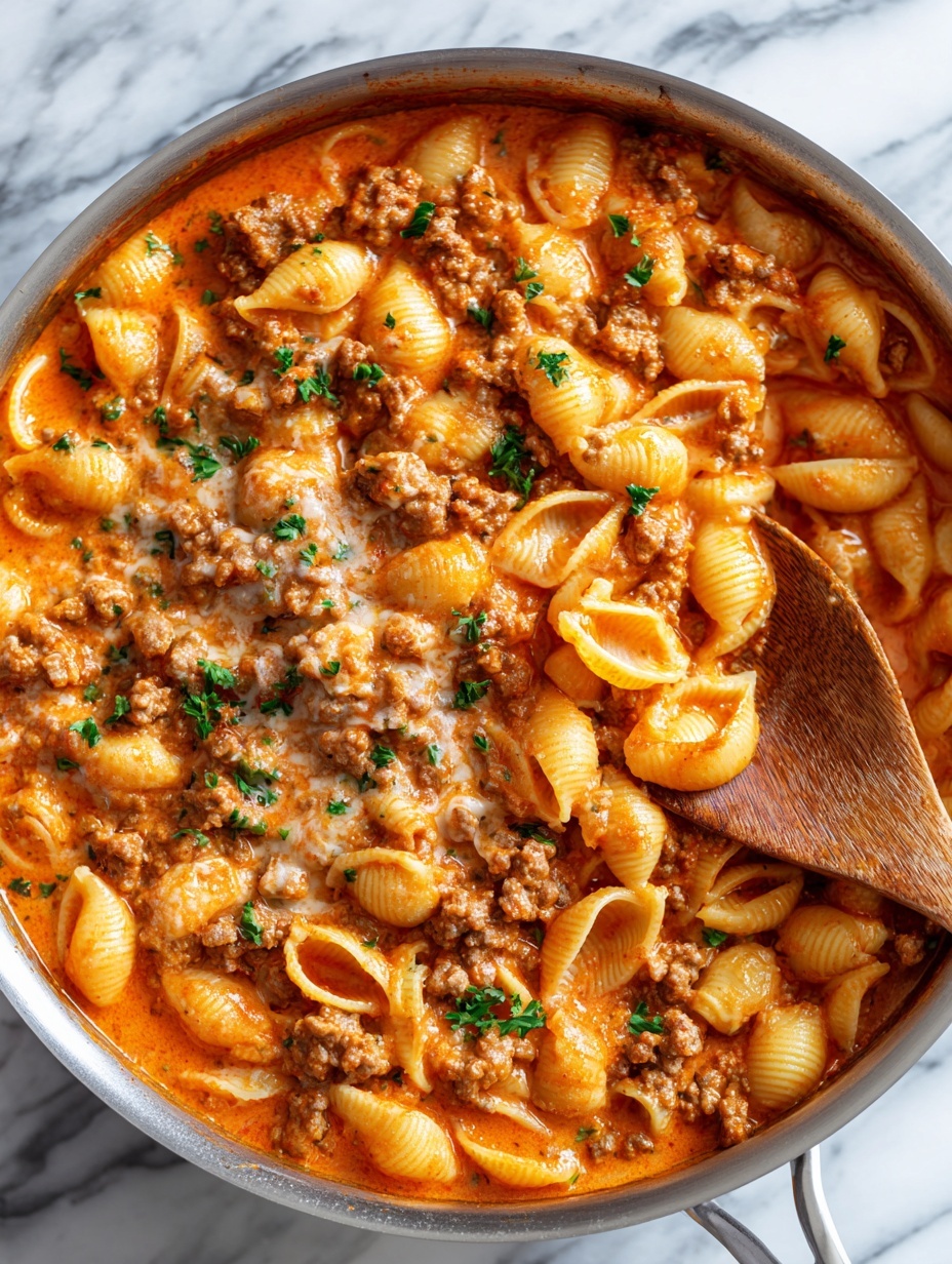 The image shows a close-up view of a creamy pasta dish with three visible layers: the base is filled with small shell-shaped pasta in a light orange sauce, the middle layer consists of finely ground meat mixed evenly throughout, and the top layer features small bits of chopped green herbs sprinkled over the dish. The pasta shells have a ribbed texture and are coated smoothly in the sauce. A light wooden spoon is partially submerged on the right side, lifting some pasta and meat. The background is a white marbled surface photo taken with an iphone --ar 2:3 --v 7