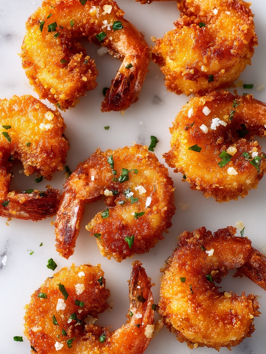 A white plate is filled with golden brown, round shrimp pieces that have a crispy, crunchy coating. The shrimp are lightly sprinkled with small green herbs and some white grated cheese. On the top left side of the plate, there is a small glass bowl holding a white creamy dipping sauce. The plate rests on a white marbled surface with a dark blue cloth partially under it. In the blurred background, a round coconut and part of a pineapple are visible. photo taken with an iphone --ar 2:3 --v 7