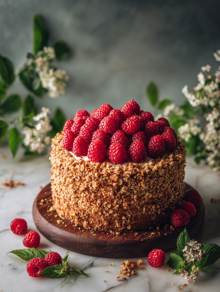 A tall, round cake covered in a light brown crumb coating, with a rough texture made from crushed nuts or crumbs all around its sides. On top, a dense, piled mound of fresh, bright red raspberries fills the entire surface. The cake sits on a dark wooden plate with a slightly rustic look. Around the cake, there are a few loose raspberries scattered on a white marbled surface, along with a green cloth and a single red rose lying nearby. In the background, some green leafy stems with small white flowers extend upwards, adding a natural touch. The photo taken with an iphone --ar 2:3 --v 7