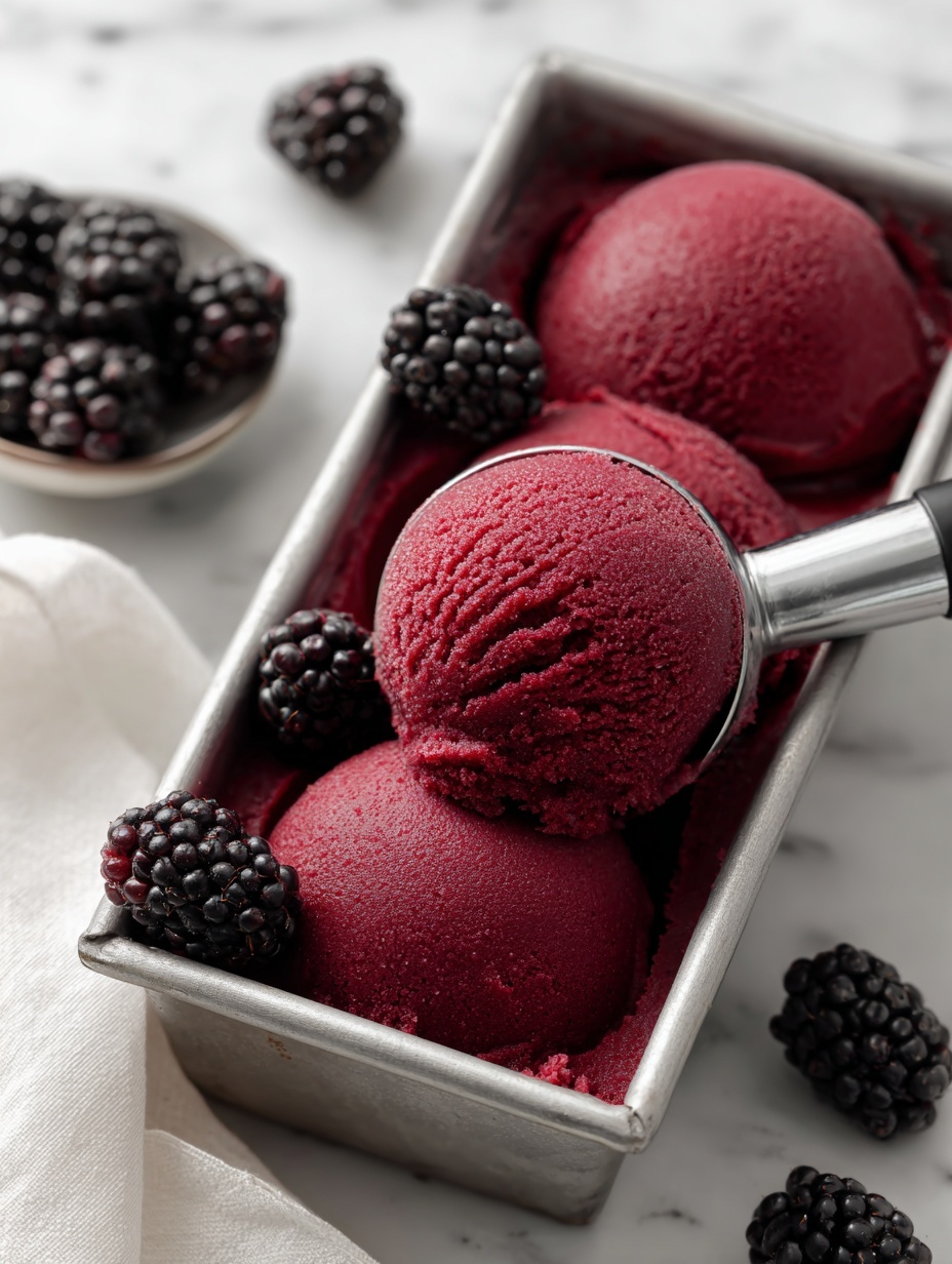The image shows a rectangular metal container filled with dark red blackberry sorbet, with three round scoops taken from it. The sorbet has a smooth, slightly icy texture. There are whole blackberries placed on top and around the sorbet inside the container. A silver scooping spoon with a black handle is resting in the sorbet, holding one scoop. The setting features a white marbled surface with a white cloth beneath the container. photo taken with an iphone --ar 2:3 --v 7