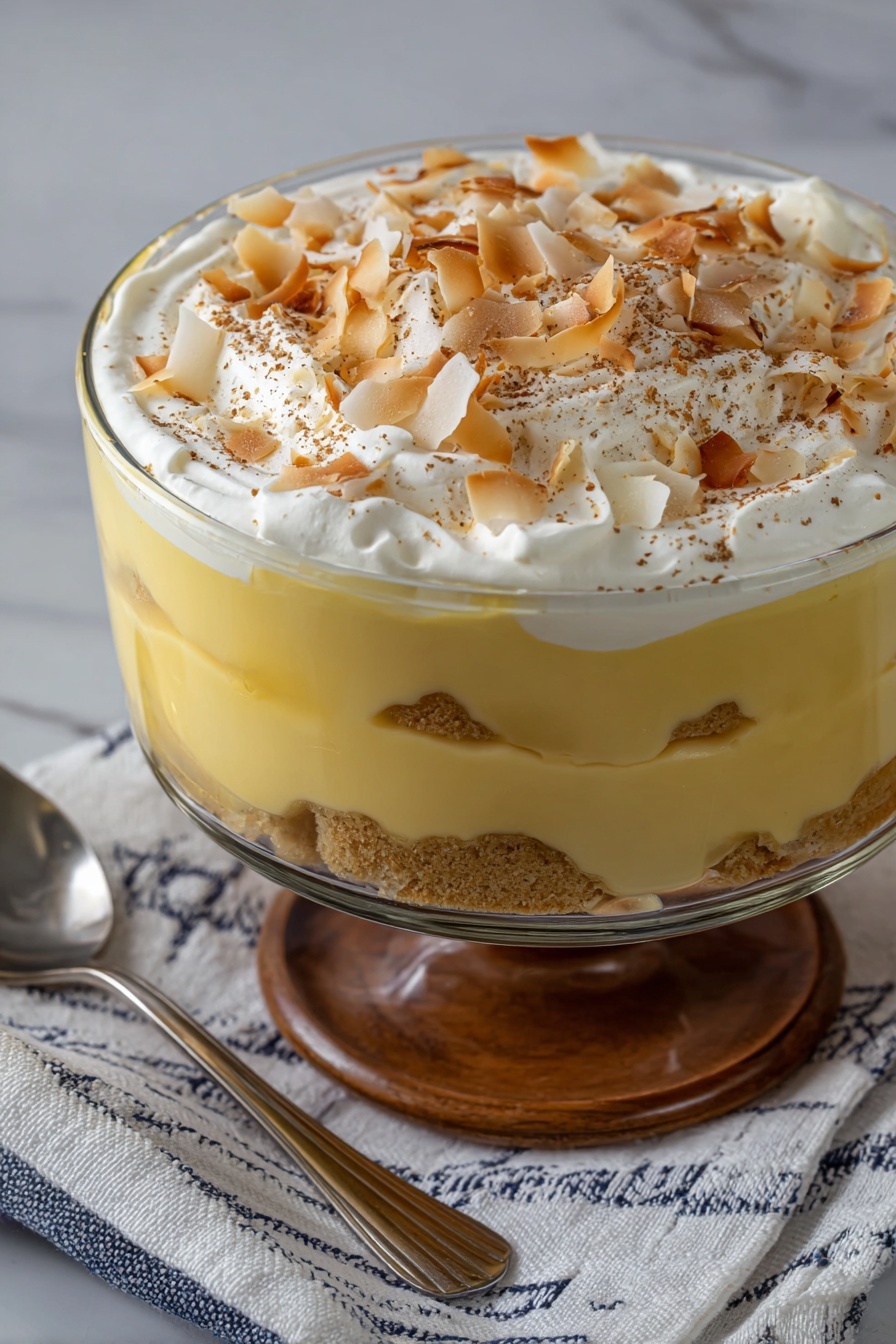 The image shows a clear glass bowl filled with a layered dessert placed on a white marbled surface. The dessert has three visible layers: a bottom layer of slightly darker, caramel-colored pudding, a thick middle layer of smooth, light yellow custard with small pieces of wafers or cookies scattered inside, and a top layer of fluffy white whipped cream. The dessert is topped with toasted coconut flakes and a light dusting of cinnamon or cocoa powder. Next to the bowl, there is a small wooden bowl filled with more toasted coconut flakes, and a silver spoon rests on a white cloth with thin yellow stripes placed beside the glass bowl. Photo taken with an iphone --ar 2:3 --v 7
