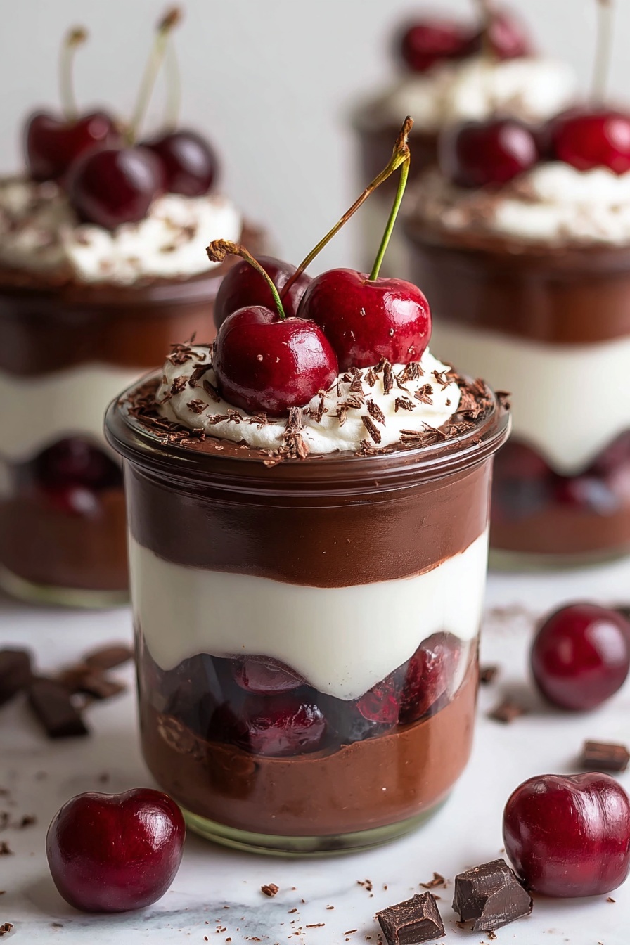 The dessert is served in a clear glass showing four main layers: at the bottom is a white creamy layer, followed by a thick dark chocolate layer that includes halved dark red cherries visible inside. Above that is another white creamy layer, topped with a smooth dark chocolate layer. The top is covered with a dollop of white cream, sprinkled with small chocolate shavings, and decorated with three whole shiny dark red cherries with green stems. The background and surface have a white marbled texture. Photo taken with an iphone --ar 2:3 --v 7
