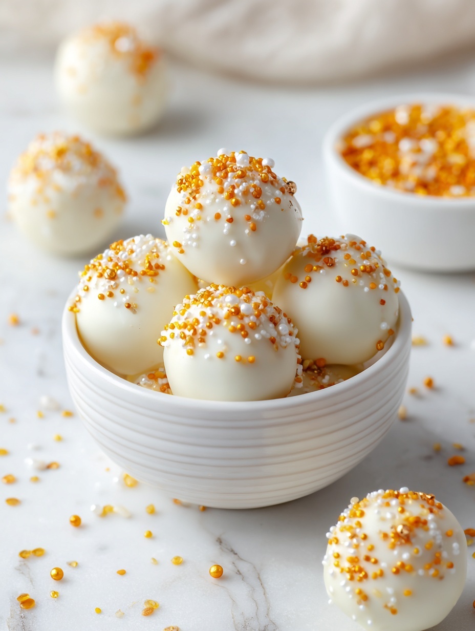 The image shows smooth, white round cookies in a white ceramic bowl, each topped with small, round orange and white sugar pearls scattered unevenly on the glossy surface. The cookies have a soft texture with slight puffs giving them a light, airy look. In front of the bowl is a smaller white bowl filled with the same orange and white sugar pearls. A single cookie is placed on the white marbled surface near the bowls, also decorated with the sugar pearls. The background is soft and bright, highlighting the clean, light color tones of the setup. Photo taken with an iphone --ar 2:3 --v 7