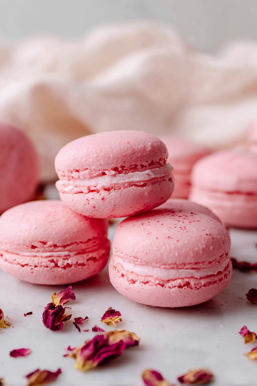 The image shows several pink macarons lying on a white marbled surface with a soft white cloth in the background. Each macaron has two round, smooth, slightly textured shells that are light pink in color. Between the shells is a creamy pink filling layer that appears soft and slightly thicker than the outer shells. The macarons are arranged casually with some petals of dried rose scattered around them, adding a touch of dark red color contrast. The lighting is soft and natural, highlighting the delicate texture of the macarons. photo taken with an iphone --ar 2:3 --v 7