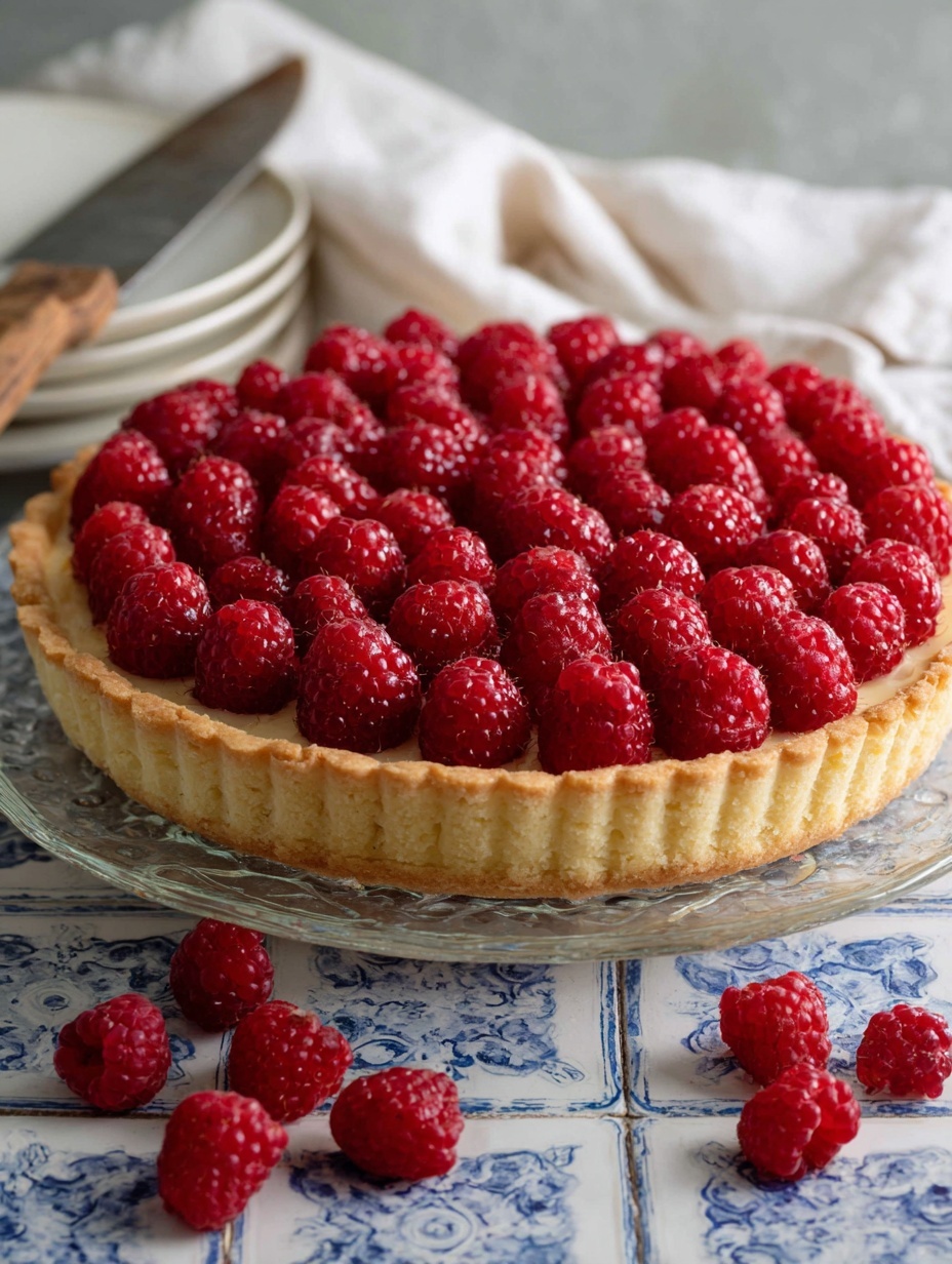 The image shows a raspberry tart with three layers visible: a golden brown crust forming the base and sides with a slightly crumbly texture, a thin layer of glossy red glaze underneath, and a thick topping of fresh, bright red raspberries placed closely together, covering the entire tart surface. The tart sits on a clear glass stand over a white marbled surface with some loose raspberries scattered around. In the background, there is a white cloth and a wooden-handled knife partly visible. Photo taken with an iphone --ar 2:3 --v 7