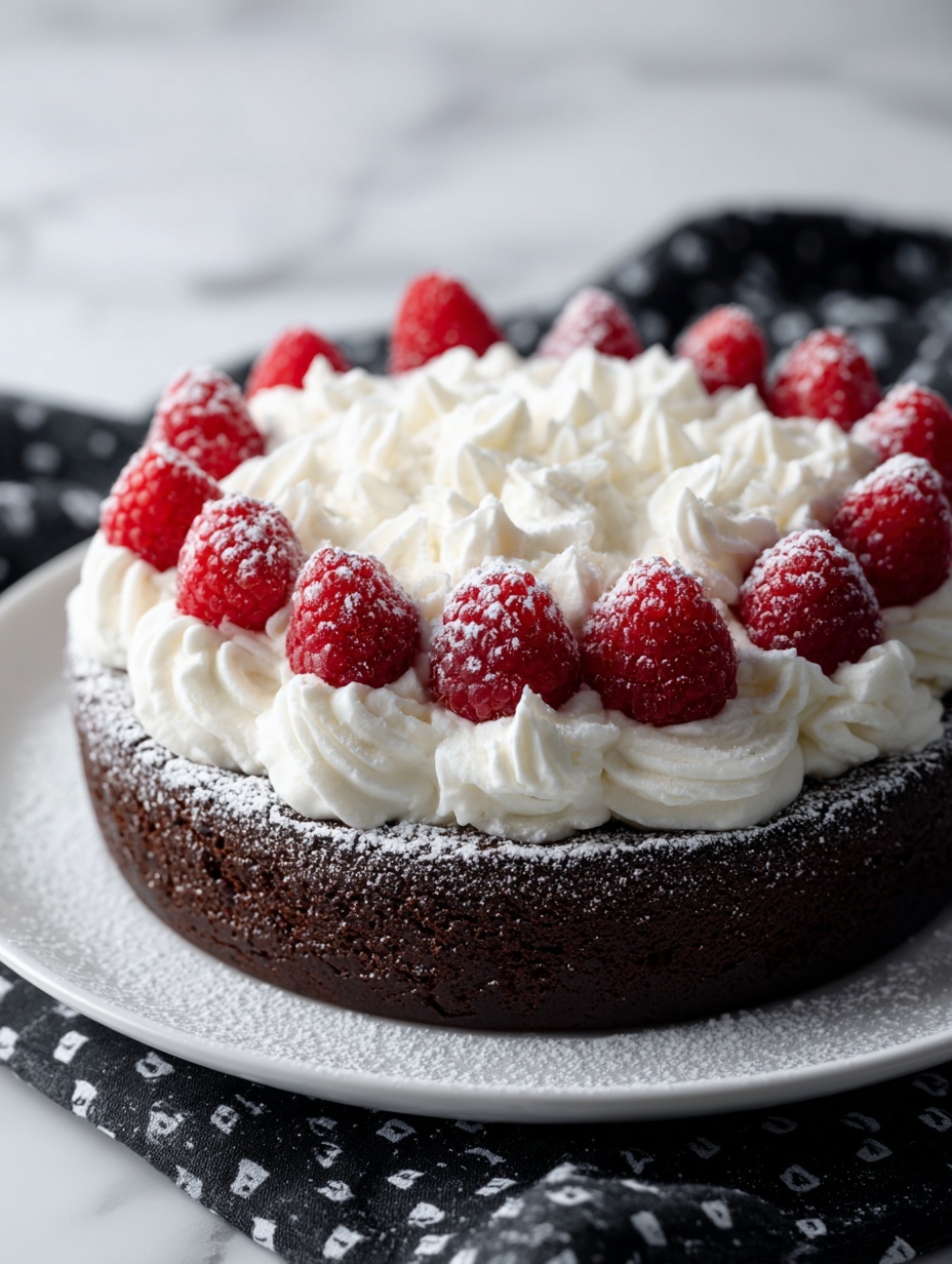 A round chocolate cake with a thick, dark brown crust is topped with many swirls of white whipped cream that cover the whole top of the cake. Around the cake on a white plate, there are clusters of bright red raspberries dusted lightly with powdered sugar. The cake itself is also dusted with powdered sugar, and the plate sits on a white marbled surface with a dark cloth featuring small white patterns partly visible underneath. photo taken with an iphone --ar 2:3 --v 7