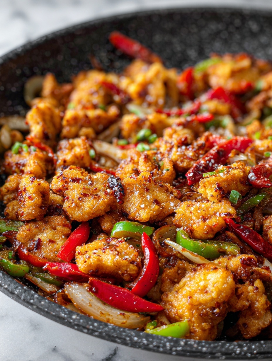 The image shows many small, golden-brown fried pieces with a crispy texture, mixed with thin slices of red and green peppers and translucent white onion strips. The colors are warm and vibrant, with the peppers adding a fresh pop of red and green among the rough textured fried pieces. Small white salt crystals are sprinkled on top, enhancing the visual appeal. Everything is closely packed together, filling the frame fully, giving a sense of a hearty and flavorful dish. The background is a white marbled texture. photo taken with an iphone --ar 2:3 --v 7