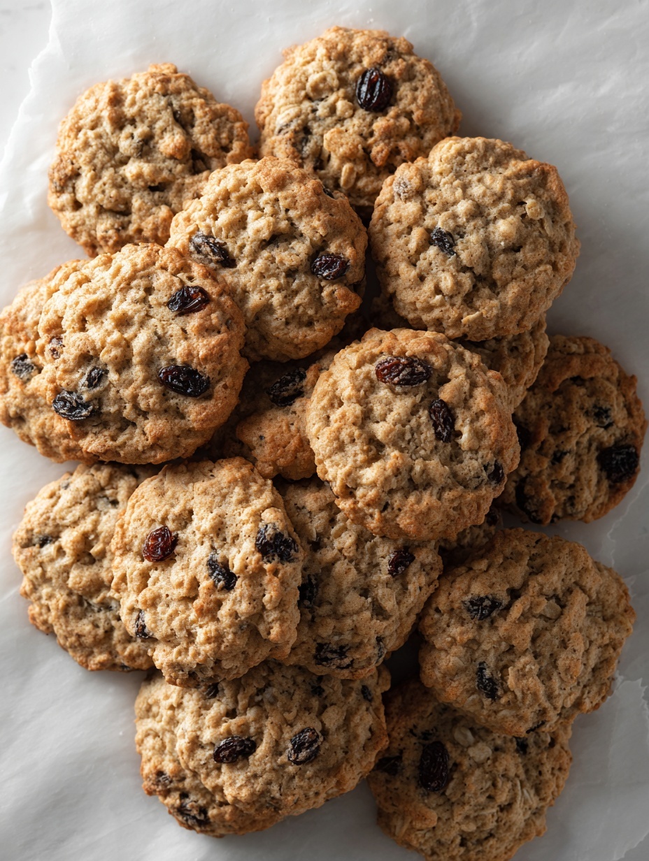 Multiple oatmeal cookies with raisins are spread across a white marbled surface, some slightly touching each other. Each cookie is round with a golden-brown color and a rough, textured surface showing visible oats and dark raisins scattered throughout. A blue and white striped cloth is placed at the bottom right corner of the image. Photo taken with an iphone --ar 2:3 --v 7
