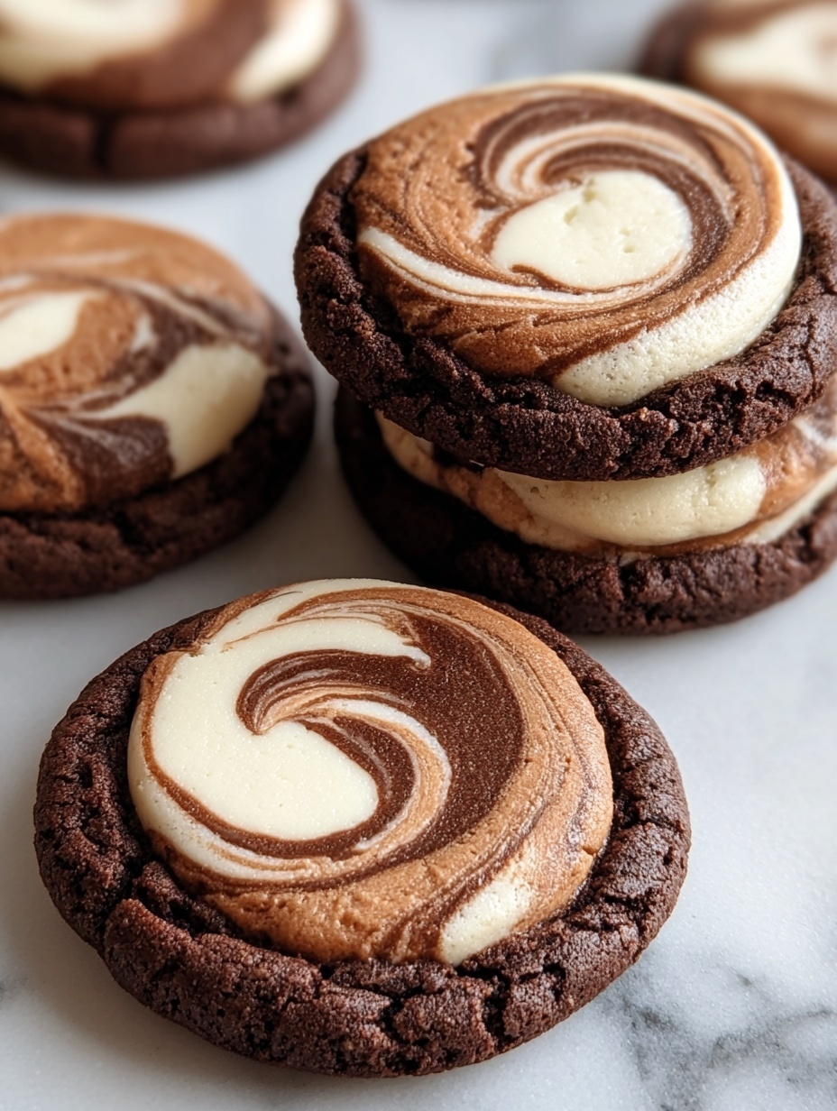 A close-up view of four round chocolate cookies on a white marbled surface, each cookie topped with a thick swirled layer of light cream and dark chocolate forming a marble pattern. The chocolate base of the cookies is dark brown and slightly cracked, with the creamy swirl on top blending smooth white and rich dark brown tones in a circular motion. The texture of the swirl is glossy and creamy, contrasting with the soft, crumbly cookie beneath. photo taken with an iphone --ar 2:3 --v 7