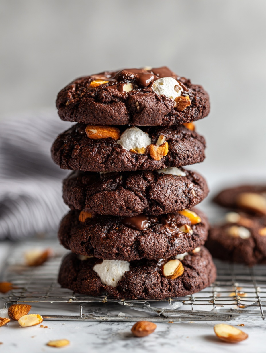 A stack of three dark brown, soft chocolate cookies with a rough texture, each cookie is thick and has melted chocolate pieces and white marshmallows embedded, with whole almonds and cashews scattered on and around the cookies. The top cookie in the stack is broken in half, showing melted chocolate slightly oozing out. The cookies rest on white parchment paper on top of a black wire rack placed on a white marbled surface, with a blurred background showing a person in a striped sweater and a white bowl with almonds. Photo taken with an iphone --ar 2:3 --v 7