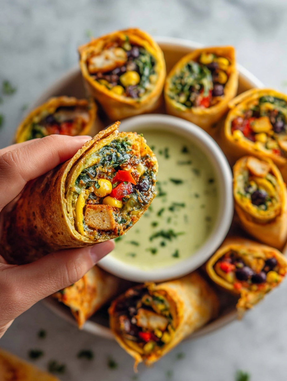 The image shows a woman's hand holding a crispy golden-brown tortilla wrap filled with layers of dark green spinach, black beans, yellow corn, red bell peppers, and lightly browned tofu pieces, partially dipped into a creamy light green sauce with small green herb sprinkles in a white bowl. Around the bowl, several other tortilla wraps are arranged, each cut in half to show the colorful filling inside, all placed on a white marbled surface. The scene is bright and warm with a close-up focus on the wrap and sauce. photo taken with an iphone --ar 2:3 --v 7