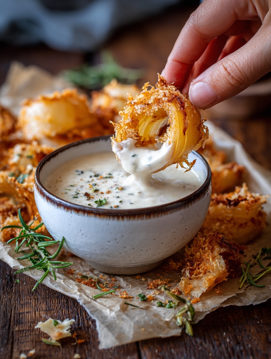 A woman's hand is dipping a crispy, golden-brown, seasoned potato chip with visible crunchy texture into a small white bowl filled with smooth white creamy sauce. Next to the bowl, there are several thick, curled, roasted potato slices with a browned and crispy outer layer, resting on white parchment paper with scattered green herb sprigs. The whole scene is set on a wooden table with a blurred glass of amber liquid in the background, all placed on a white marbled surface. photo taken with an iphone --ar 2:3 --v 7