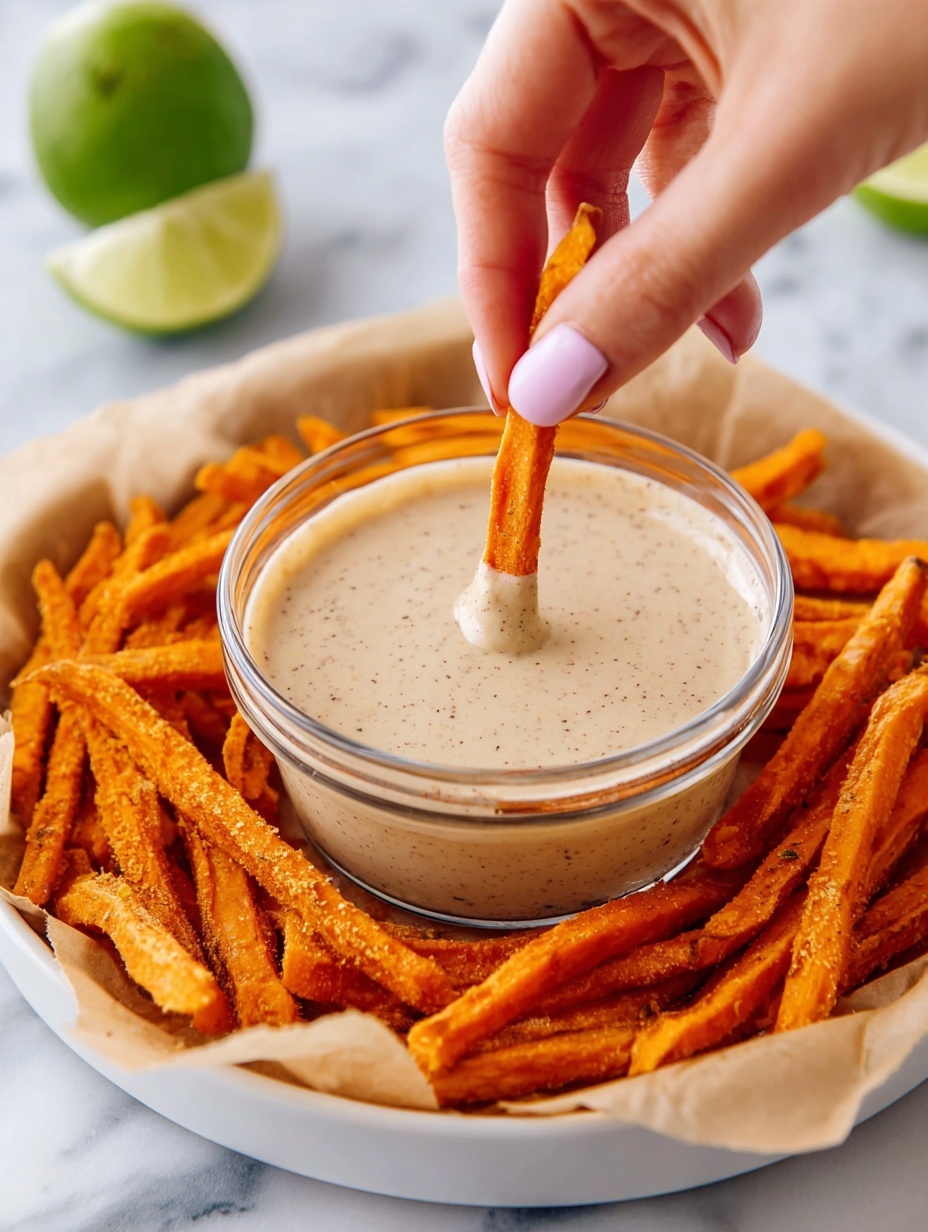 A clear round glass bowl filled with creamy, light beige sauce speckled with brown, sits in the center of a white round plate lined with light brown parchment paper. Surrounding the bowl are many bright orange sweet potato fries, thick and slightly wrinkled, arranged loosely. A woman's hand with pale pink polished nails is dipping one orange fry into the sauce. In the background, there is a halved green lime partially visible on the left side. The plate is placed on a white marbled surface. photo taken with an iphone --ar 2:3 --v 7