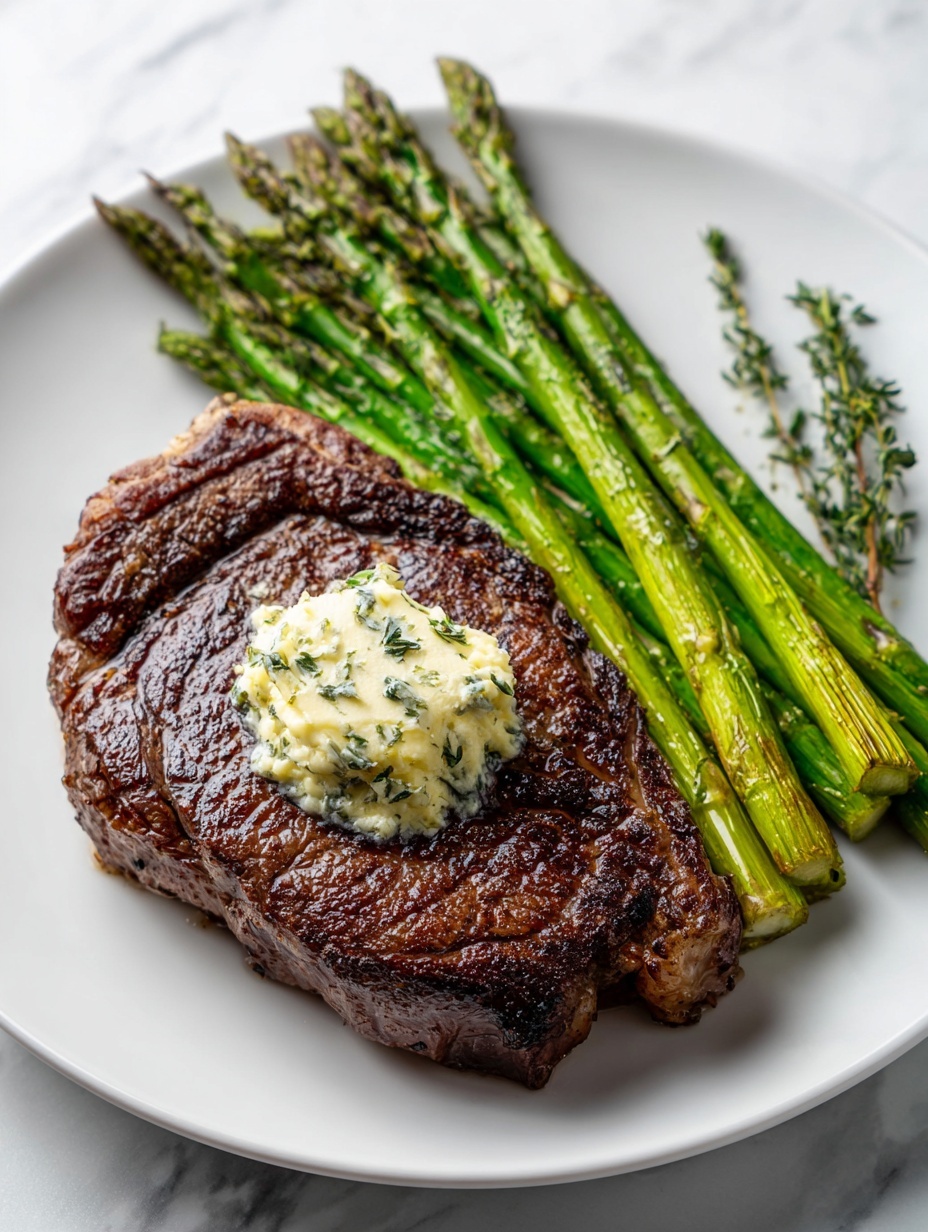 A thick, juicy steak with a dark brown, slightly crispy outside topped with a small melting dollop of herb butter sits on the left side of a round white plate. Behind the steak, a neat bundle of bright green, grilled asparagus spears stretches diagonally from the right edge toward the center. A small sprig of fresh thyme peeks out from under the asparagus on the right edge of the plate. The plate rests on a white marbled surface. photo taken with an iphone --ar 2:3 --v 7