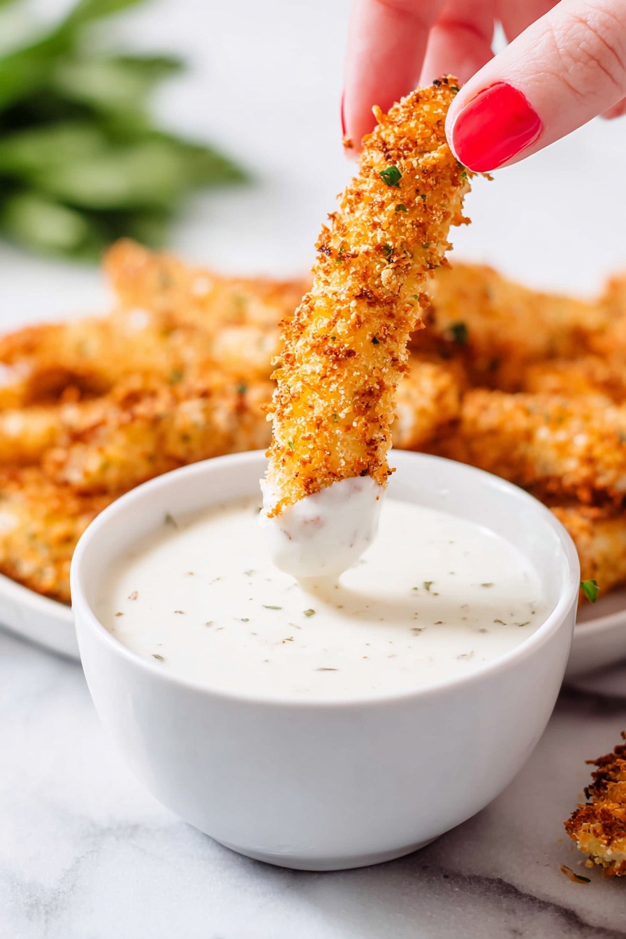 A close-up shows a golden-brown breaded stick being held by a woman's hand with red-painted nails, dipped halfway into a small white bowl filled with thick creamy white sauce with visible black specks. Below the bowl, a white plate holds several more of these breaded sticks arranged in a ring around the bowl, all crispy and textured. The background is a clean white marble surface with hints of green foliage blurred in the distance. Photo taken with an iphone --ar 2:3 --v 7