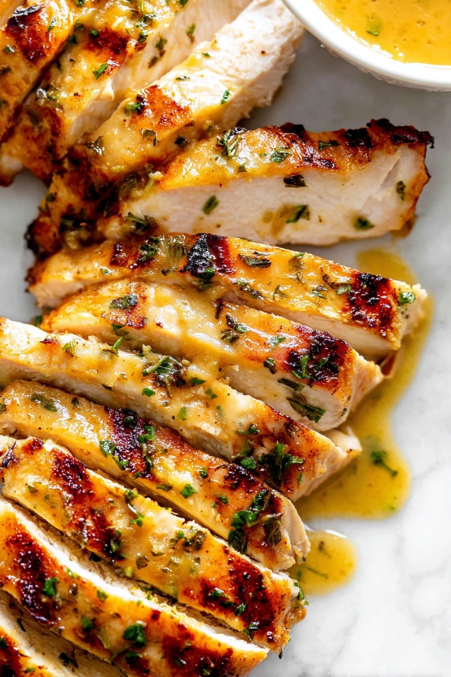 A white plate holds four grilled chicken pieces with a shiny orange glaze and grill marks, sprinkled with chopped green herbs. Underneath the chicken is a mix of chopped lettuce and shredded carrots with some green parsley leaves. On the right side, there is a small clear glass bowl filled with orange dressing sitting on the lettuce mix. The background has a white marbled texture. photo taken with an iphone --ar 2:3 --v 7