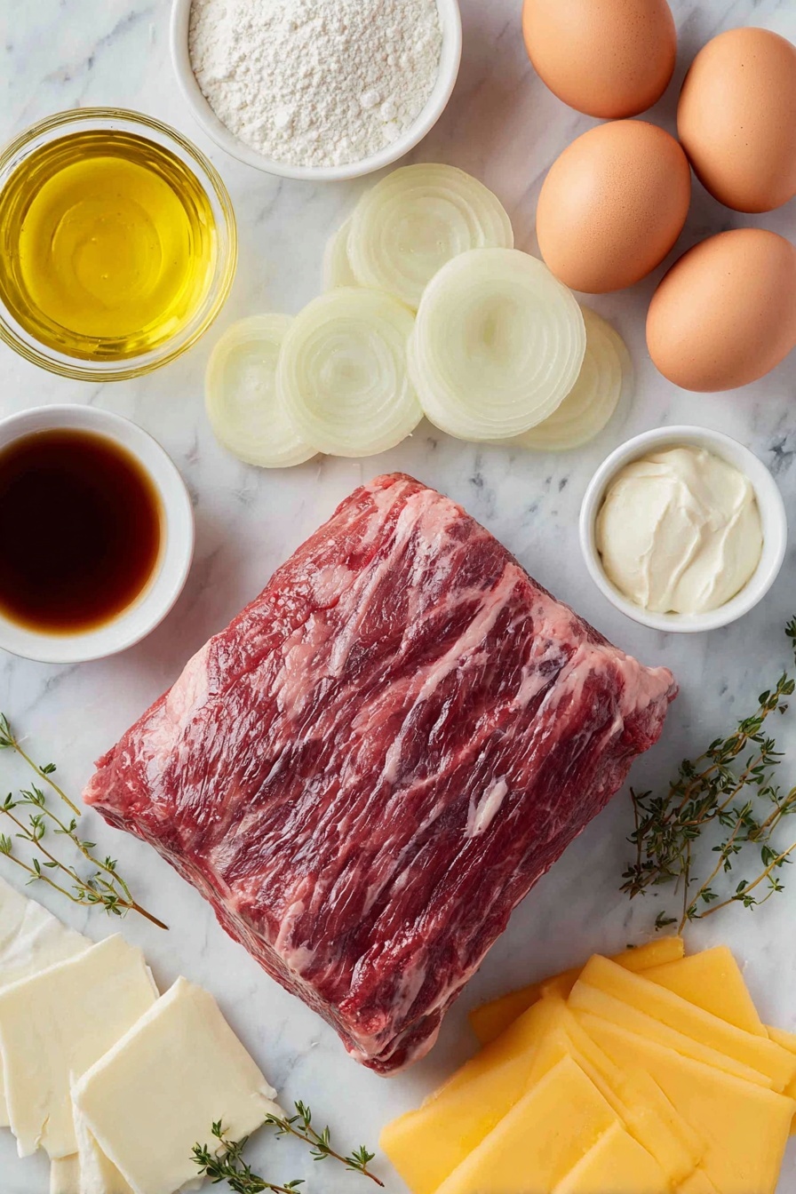 Flat lay of a whole boneless beef chuck roast with a light dusting of flour, a small white bowl of extra-virgin olive oil, a few pinches of kosher salt and freshly ground black pepper scattered nearby, a small white bowl filled with dark rich beef broth, a small white bowl containing glossy Worcestershire sauce, two halved and thinly sliced medium yellow onions arranged neatly, three fresh sprigs of thyme, one dry bay leaf, three golden French sandwich rolls, a small white bowl with creamy mayonnaise, a small white bowl with pale horseradish sauce, and four slices of pale yellow provolone cheese, all placed on a clean white marble surface, soft natural light, photo taken with an iPhone, professional food photography style, fresh ingredients, white ceramic bowls, no bottles, no duplicates, no utensils, no packaging --ar 2:3 --v 7 --p m7354615311229779997