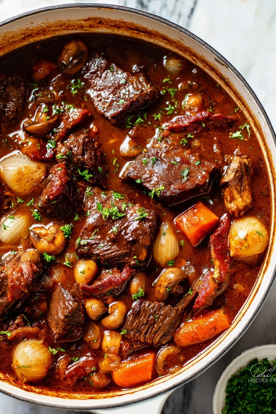 A close-up view of a white cooking pot filled with a rich stew. The stew has several thick layers, mostly made of dark brown chunks of tender meat mixed with orange carrot pieces, whole peeled onions, and small whole mushrooms. The stew is covered in a thick, glossy brown sauce with visible seasonings and small green parsley bits sprinkled on top. The surface around the pot has a white marbled texture, and a small green garnish bowl is slightly visible on the right side. Photo taken with an iphone --ar 2:3 --v 7