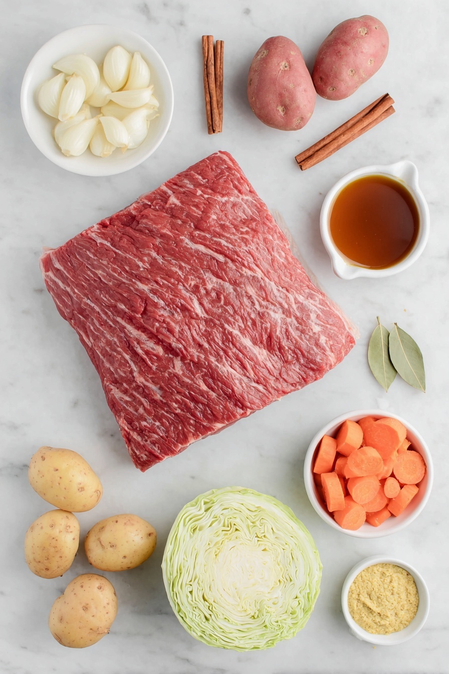 Flat lay of a large piece of fresh corned beef brisket with no seasoning packet visible, two dark cinnamon sticks, four peeled garlic cloves sliced thin, two fresh green bay leaves, one whole dried ancho chili pepper, a small white ceramic bowl of red pepper flakes, several small halved red potatoes, three peeled large carrots cut into thick pieces, wedges of a small green cabbage, a small white ceramic bowl of whole grain mustard, all arranged symmetrically on a clean white marble surface, soft natural light, photo taken with an iPhone, professional food photography style, fresh ingredients, white ceramic bowls, no bottles, no duplicates, no utensils, no packaging --ar 2:3 --v 7 --p m7354615311229779997