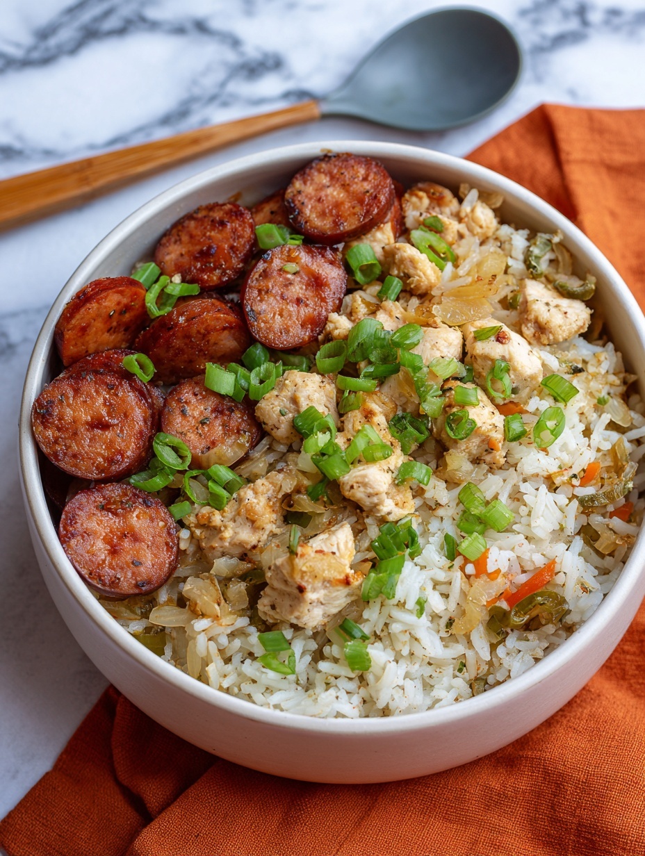 A white bowl filled with a mixed rice dish showing three main layers: the bottom and middle layers are soft, cooked white rice mixed with small chunks of cooked chicken, slices of round sausage, and bits of diced green and orange vegetables; the top layer is garnished with thinly sliced green onions providing a fresh green color contrast. The dish has a moist texture with visible pieces of tomato adding red spots throughout. The bowl is placed on a white marbled surface with a spoon and part of another bowl of the same dish nearby. photo taken with an iphone --ar 2:3 --v 7