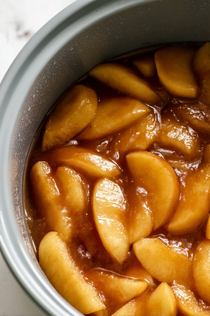 The image shows a close-up of a grey inner pot filled with thick slices of peeled apple pieces covered in a glossy amber sauce that looks like they have been cooked or stewed, giving a shiny, syrupy texture. The apple slices are soft, pale yellow with some light golden-brown tint from the sauce, all sitting closely packed inside the pot, which has small water droplets on its inner walls. The background is a white marbled texture. photo taken with an iphone --ar 2:3 --v 7