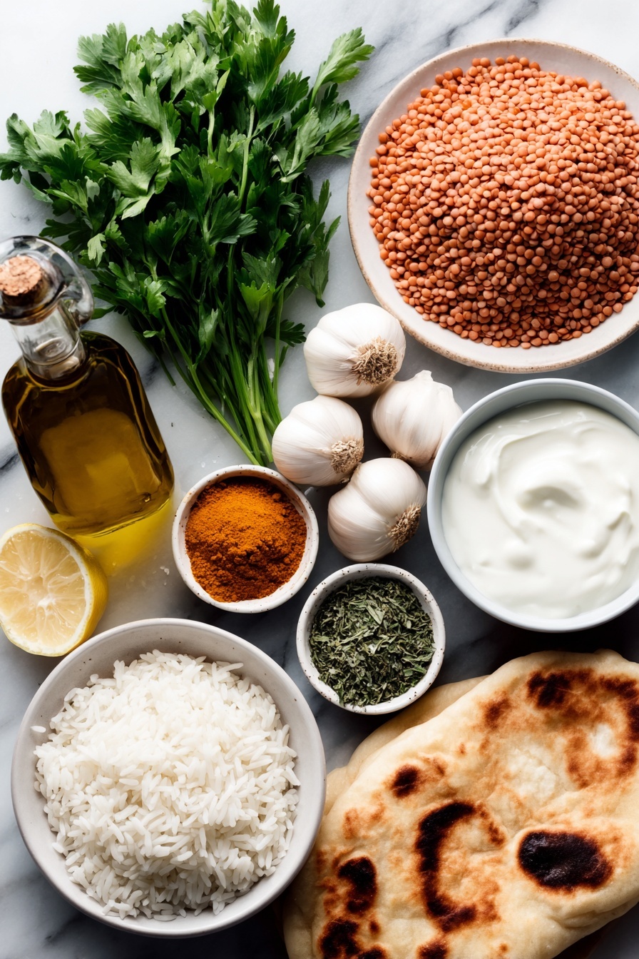 Flat lay of a small white ceramic bowl of golden olive oil, six whole uncracked garlic cloves with clean white skins, a small white bowl filled with freshly grated pale yellow ginger, a small white bowl with bright yellow ground turmeric powder, a small white bowl of warm brown ground cumin, a small white bowl of light brown ground coriander, a small white bowl of vibrant red cayenne pepper powder, a small white bowl of fine white salt crystals, a simple white ceramic bowl filled with dried brown lentils, a white ceramic bowl heaped with deep red crushed tomatoes, a small white bowl filled with creamy white coconut milk, a small white bowl of fresh pale yellow lemon juice, a bunch of fresh green cilantro sprigs, a neat mound of fluffy cooked white basmati rice, and two warm, soft vegan naan breads arranged symmetrically, each item fresh and natural, placed on a clean white marble surface, soft natural light, photo taken with an iPhone, professional food photography style, fresh ingredients, white ceramic bowls, no bottles, no duplicates, no utensils, no packaging --ar 2:3 --v 7 --p m7354615311229779997