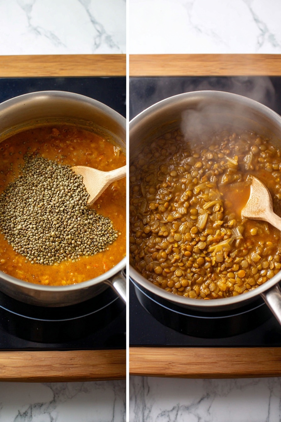 The image shows two side-by-side photos of a silver pot on a black stove with a wooden table and white marbled background. In the left photo, the pot contains a light brown sauce with visible spices and herbs, topped with a mound of small greenish lentils, while a wooden spoon rests inside the pot. In the right photo, the lentils have cooked down and mixed evenly into the sauce, creating a thick texture with a rich reddish-brown color and steam rising from the pot. Photo taken with an iphone --ar 2:3 --v 7