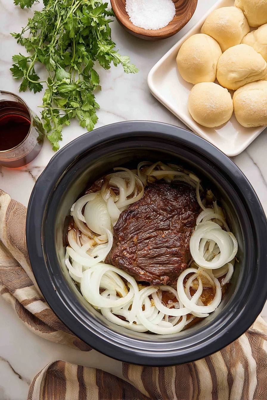 A close-up image shows a woman's hand holding a sandwich over a small white bowl filled with brown dipping sauce. The sandwich has three layers: the top layer is a soft, golden brown bun, the middle layer is melted white cheese, and the bottom layer is thin slices of cooked meat with a dark brown color. Behind the bowl, there is a wooden board with more sandwiches placed on it, each having the same layers. The background features a white marbled texture surface. photo taken with an iphone --ar 2:3 --v 7