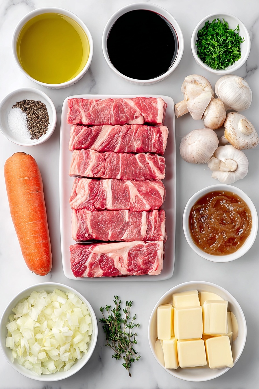 Flat lay of a thick cut of raw beef brisket, chopped pieces of fresh bacon, a large sliced orange carrot, a large diced white onion, six peeled garlic cloves, a small pinch of coarse salt in a white ceramic bowl, a small pinch of ground black pepper in a white ceramic bowl, a small white ceramic bowl with white flour, a cluster of twelve glossy pearl onions, a small white ceramic bowl filled with deep red wine, a small white ceramic bowl with rich brown beef stock, a small white ceramic bowl with vivid red tomato paste, a small crushed beef bouillon cube beside fresh thyme sprigs, fresh parsley sprigs, two whole bay leaves, a pile of quartered white and brown mushrooms, and a small white ceramic bowl of creamy butter all arranged symmetrically on a clean white marble surface, soft natural light, photo taken with an iPhone, professional food photography style, fresh ingredients, white ceramic bowls, no bottles, no duplicates, no utensils, no packaging --ar 2:3 --v 7 --p m7354615311229779997