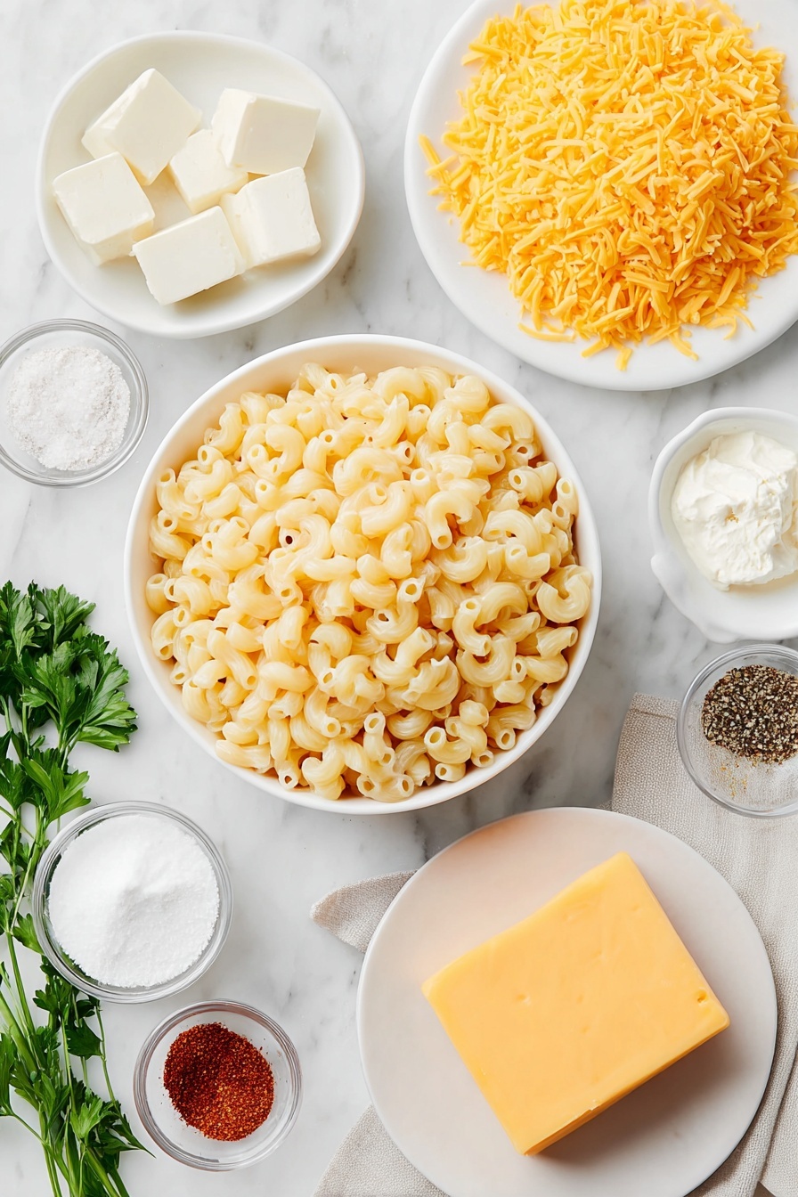 Flat lay of fresh cavatappi pasta spirals, a few cubes of pale yellow butter, a small white bowl of creamy evaporated milk, a small white bowl of smooth half and half, a small pile of shredded bright orange cheddar cheese, a half block of vibrant orange American cheese cut into cubes, a small white bowl containing fine white salt, a small white bowl with ground black pepper, a small white bowl of light brown onion powder, a small white bowl of deep red paprika powder, and a few sprigs of fresh green chopped parsley, all arranged in perfect symmetry on simple white ceramic bowls and plates, placed on a clean white marble surface, soft natural light, photo taken with an iPhone, professional food photography style, fresh ingredients, white ceramic bowls, no bottles, no duplicates, no utensils, no packaging --ar 2:3 --v 7 --p m7354615311229779997