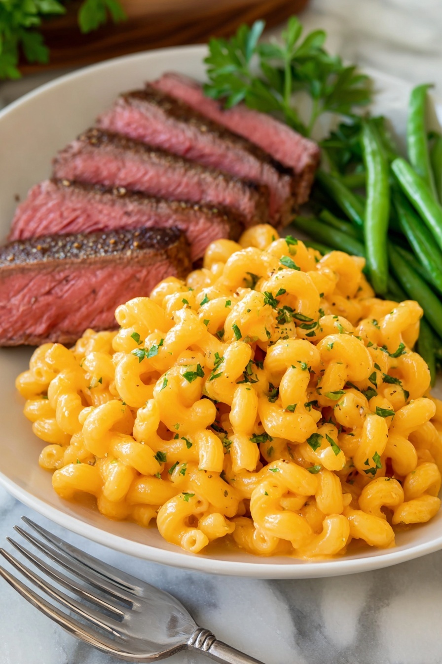 A white plate holds a meal with three layers: the bottom layer features bright yellow macaroni with a creamy texture, sprinkled with small green herb bits. Behind the pasta are four thick slices of medium-rare steak, showing a pinkish-red center with a browned, seasoned edge. To the right of the steak and pasta is a group of fresh, bright green beans, arranged neatly beside a small bunch of green parsley for garnish. The plate rests on a white marbled surface, with a silver fork placed in the foreground. Photo taken with an iphone --ar 2:3 --v 7