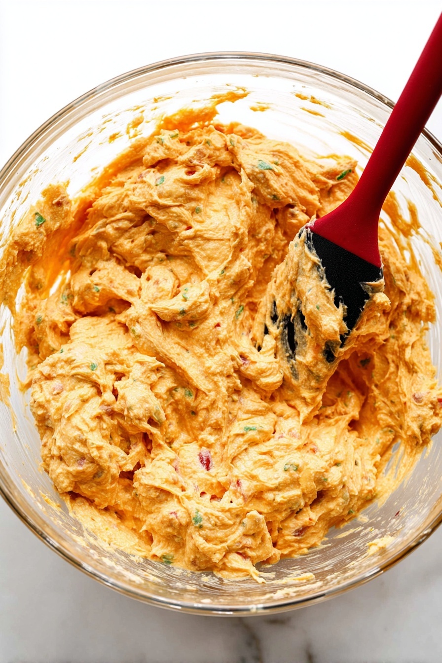 A woman's hand holds a round, golden-brown cracker topped with a creamy, light orange mixture that has chunks of white cheese and bits of green onion. The topping has an uneven texture with some smooth and some chunky parts, and there is a drizzle of bright orange sauce on top. In the background, there is a white baking dish filled with more of the same dish with the creamy mixture and green onions scattered on top, all set on a white marbled surface. photo taken with an iphone --ar 2:3 --v 7