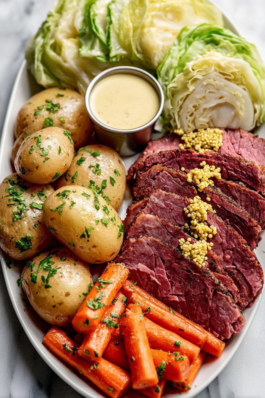 The dish is arranged on a white plate placed on a white marbled surface. On the right side, there are thick slices of dark pink corned beef with visible mustard seeds on top, showing a slightly glossy texture. To the left of the beef, there is a group of halved light brown potatoes sprinkled with chopped green herbs, giving a fresh look. Below the potatoes, there are chunks of bright orange carrots, also topped with chopped herbs. Near the top left, there are large, pale green cabbage leaves layered loosely, showing a soft, slightly wrinkled texture. In the center of the plate, a small white bowl holds a smooth and creamy beige mustard sauce with a soft swirl on its surface. photo taken with an iphone --ar 2:3 --v 7