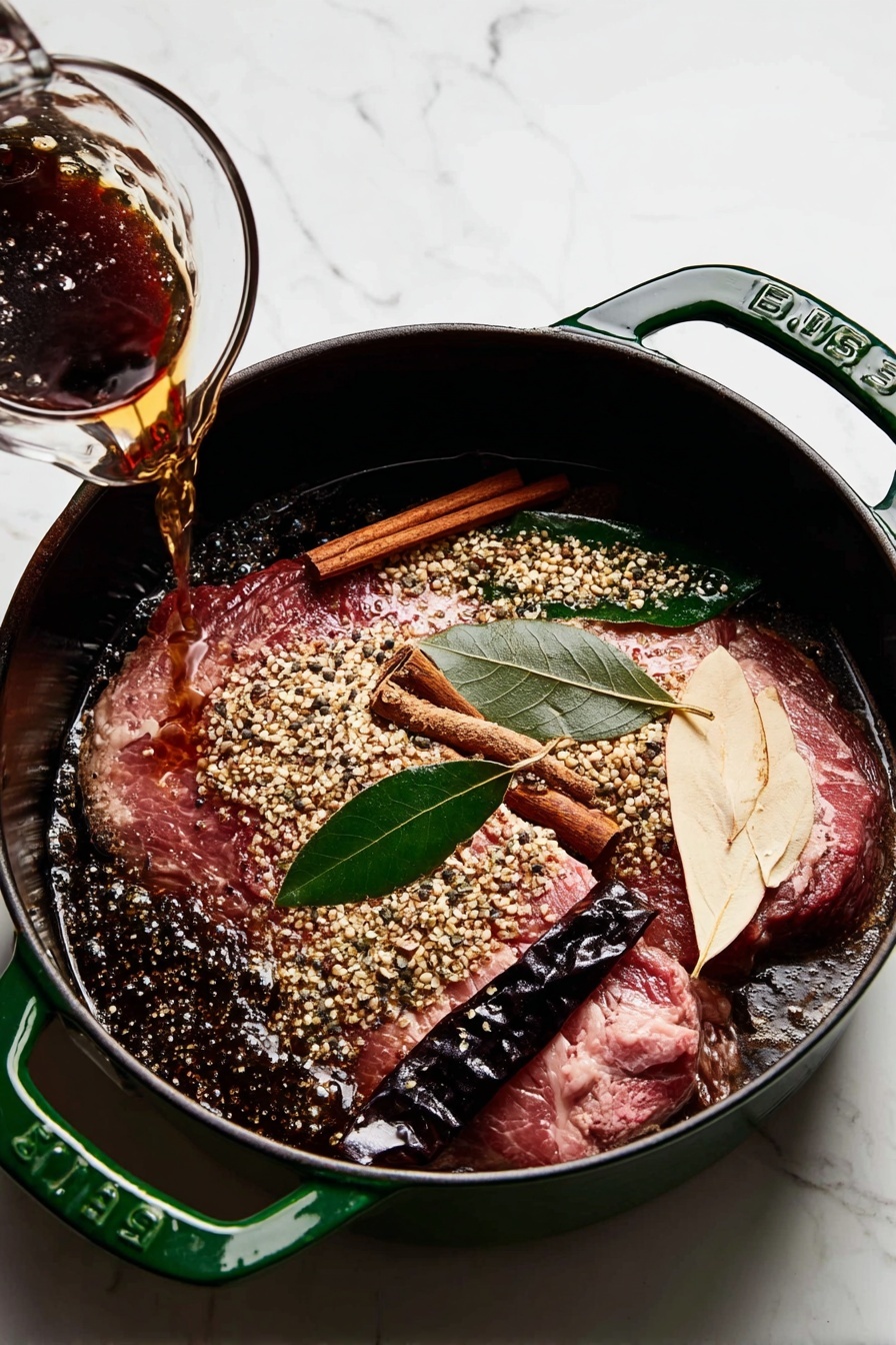 A dark green cast iron pot with two handles sits on a white marbled surface. Inside, there are two large pieces of raw pink meat partially covered by a dark liquid marinade, sprinkled with light brown coriander seeds and dried green herbs. On top of the meat, there are light cream-colored almond slices and two large dark green bay leaves. To the right, a wrinkled black dried chili pepper and two cinnamon sticks rest on the meat. On the bottom left, a glass cup is pouring more dark liquid into the pot. Photo taken with an iphone --ar 2:3 --v 7