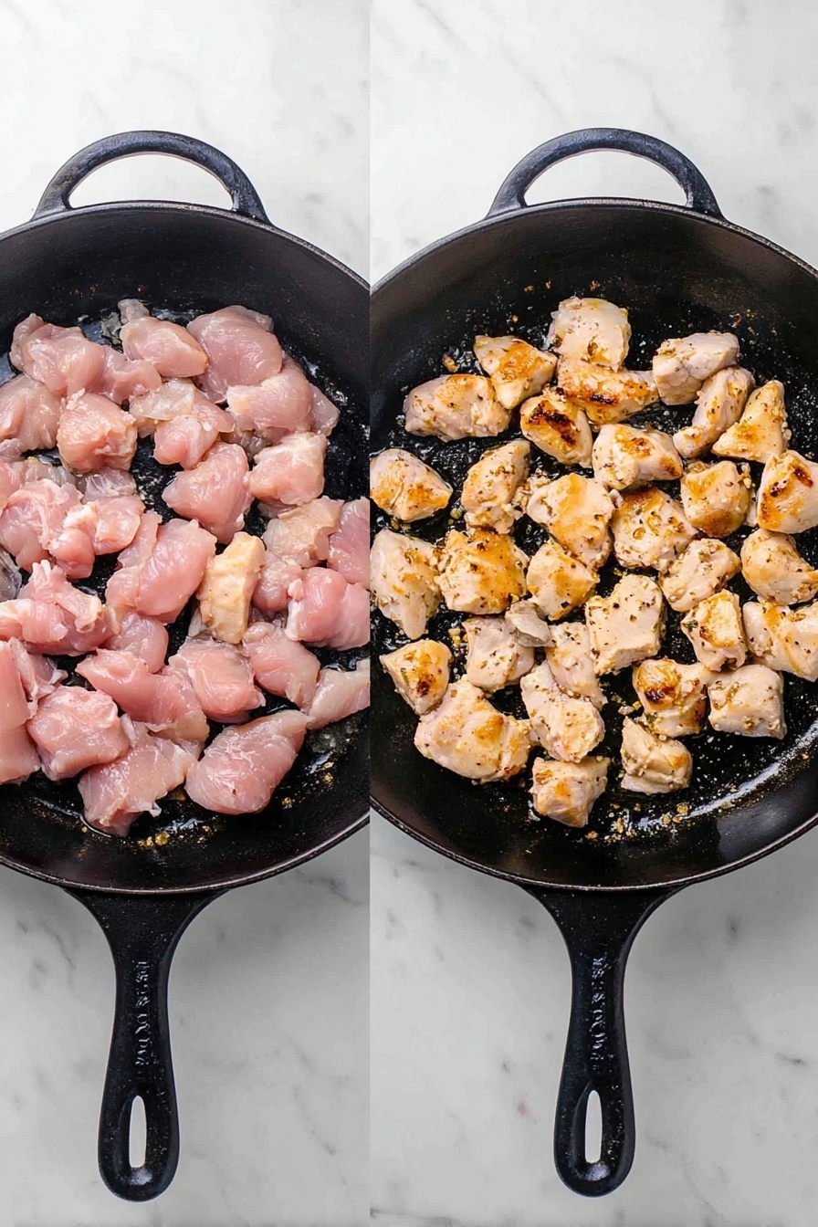 The image shows two black cast iron pans on a white marbled surface side by side. The pan on the left has many small, pink raw chicken pieces evenly spread out over a layer of light yellow minced garlic. The pan on the right contains the same chicken pieces, now cooked to a light golden brown with some darker browned spots, placed in a similar even layer over small bits of cooked garlic. The cast iron pans have a rough black texture with visible oil residue around the chicken pieces. photo taken with an iphone --ar 2:3 --v 7