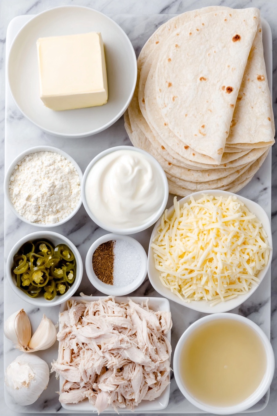 Flat lay of a small white ceramic bowl of butter, a small white ceramic bowl of all-purpose flour, two whole uncracked brown garlic cloves, a small white ceramic bowl of golden chicken broth, a small white ceramic bowl of smooth white sour cream, a small white ceramic bowl with chopped green pickled jalapenos, a small white ceramic bowl with light green jalapeno juice, a small white ceramic bowl of ground cumin, a small white ceramic bowl of kosher salt, a small white ceramic bowl of ground black pepper, a small white ceramic bowl of shredded cooked chicken, a stack of fresh 6-inch corn tortillas, a small white ceramic bowl of shredded Monterey Jack cheese, a small white ceramic bowl of shredded Cheddar cheese, all arranged in perfect symmetry and balanced layout, placed on a clean white marble surface, soft natural light, photo taken with an iPhone, professional food photography style, fresh ingredients, white ceramic bowls, no bottles, no duplicates, no utensils, no packaging --ar 2:3 --v 7 --p m7354615311229779997