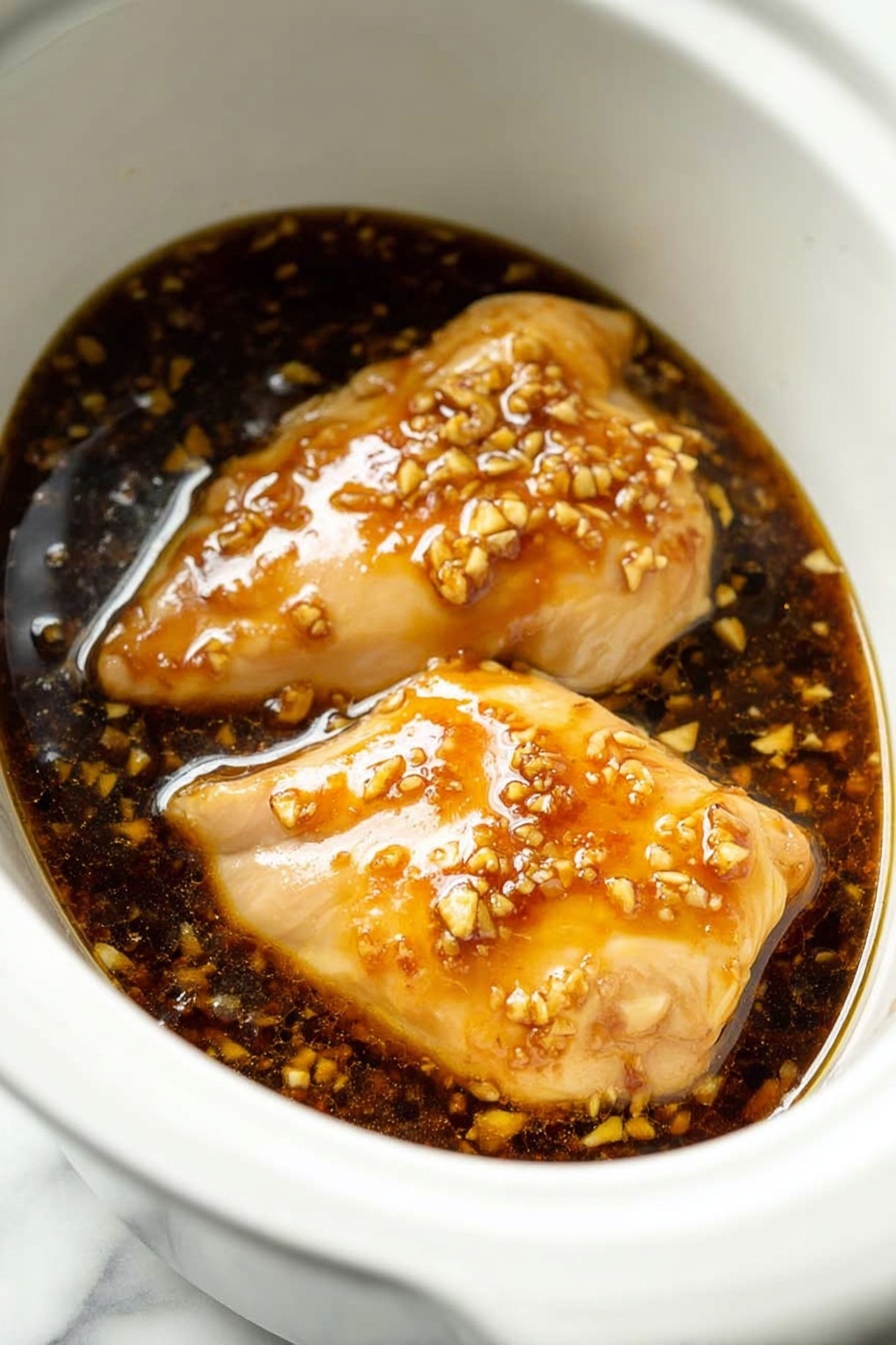 Inside a white slow cooker, there are two smooth, light pink chicken pieces covered in a shiny brown sauce with small bits of minced garlic scattered on top and around them in the dark liquid. The chicken pieces sit side by side and are partially submerged in the sauce, which has a slightly thick texture. The slow cooker has a clean white rim, and the background shows a white marbled surface. Photo taken with an iphone --ar 2:3 --v 7