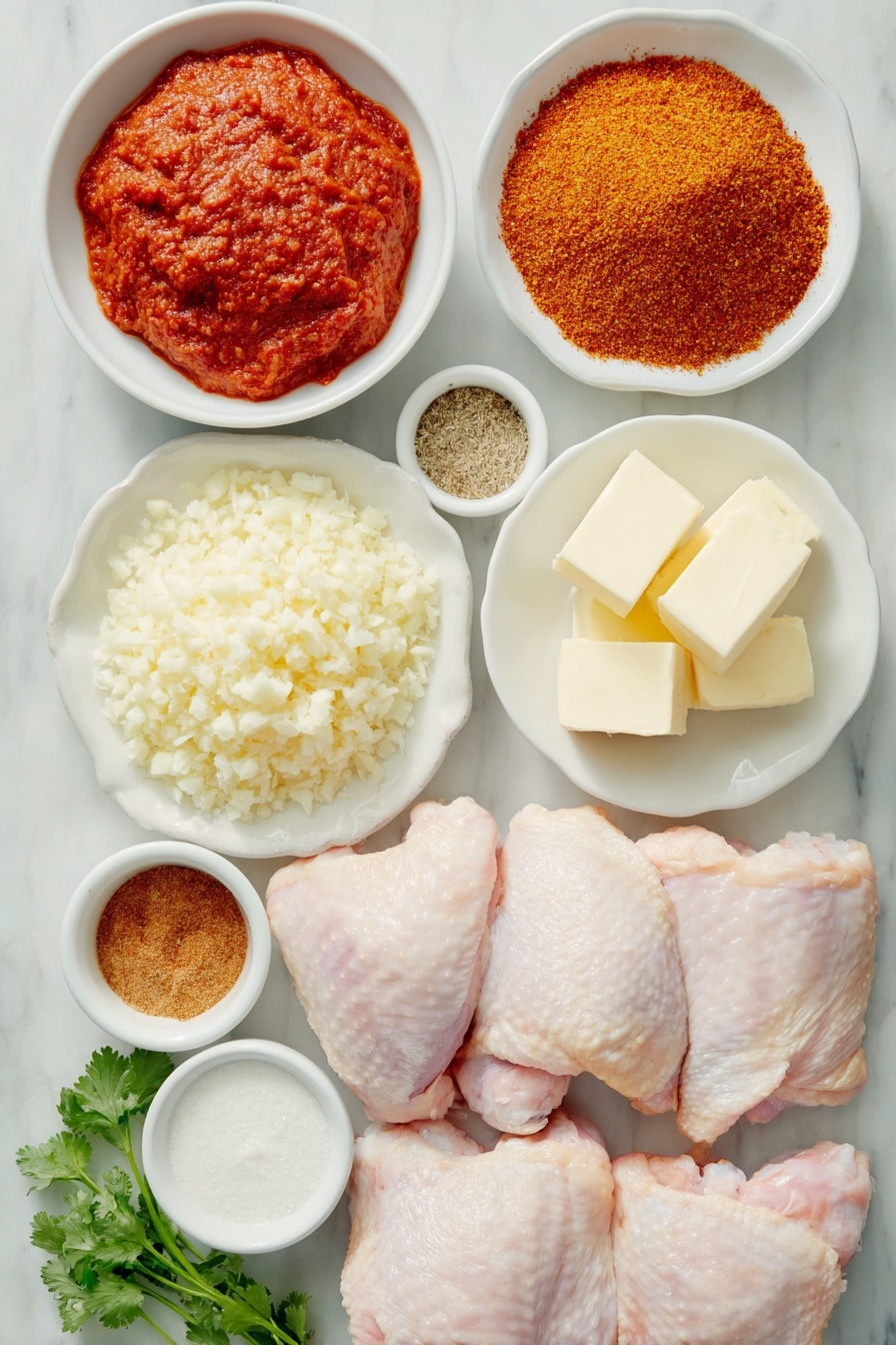 Flat lay of minced garlic cloves, grated fresh ginger, a small white ceramic bowl of smooth tomato sauce, ground cumin powder in a neat small pile, garam masala spice blend in a small white bowl, smoked paprika powder arranged in a small heap, golden ground turmeric powder in a small white bowl, chili powder in a small white bowl, a small mound of salt, a small white bowl of granulated sugar, raw chicken thighs with skin on, several small cubes of unsalted butter, a small white bowl filled with heavy whipping cream, fresh sprigs of cilantro placed neatly, all ingredients arranged symmetrically on a clean white marble surface, soft natural light, photo taken with an iPhone, professional food photography style, fresh ingredients, white ceramic bowls, no bottles, no duplicates, no utensils, no packaging --ar 2:3 --v 7 --p m7354615311229779997