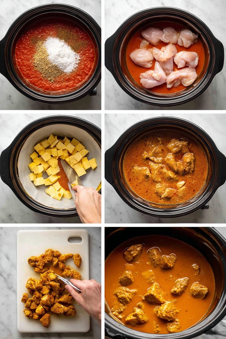 The images show a slow cooker sequence starting with a black slow cooker bowl filled with a smooth and thick red tomato sauce at the bottom, layered with white salt and brown spices in the center (image 1). The next image adds raw pale pink chicken thighs arranged over the sauce in one layer, partially covered by the sauce (image 2). Then, small pale yellow cubes of butter are scattered evenly on top of the chicken and sauce (image 3). The slow cooker is shown again with the contents cooked, now a darker red and orange bubbling sauce surface with oil floating on top (image 4). A white cutting board follows with chopped cooked chicken pieces in irregular shapes and a woman's hand holding a knife, cutting one piece on the right side, with some chicken left whole on the left (image 5). The final image shows a white slow cooker bowl filled with a smooth creamy orange sauce with chunks of cooked chicken and a black spoon scooping some (image 6). Photo taken with an iphone --ar 2:3 --v 7