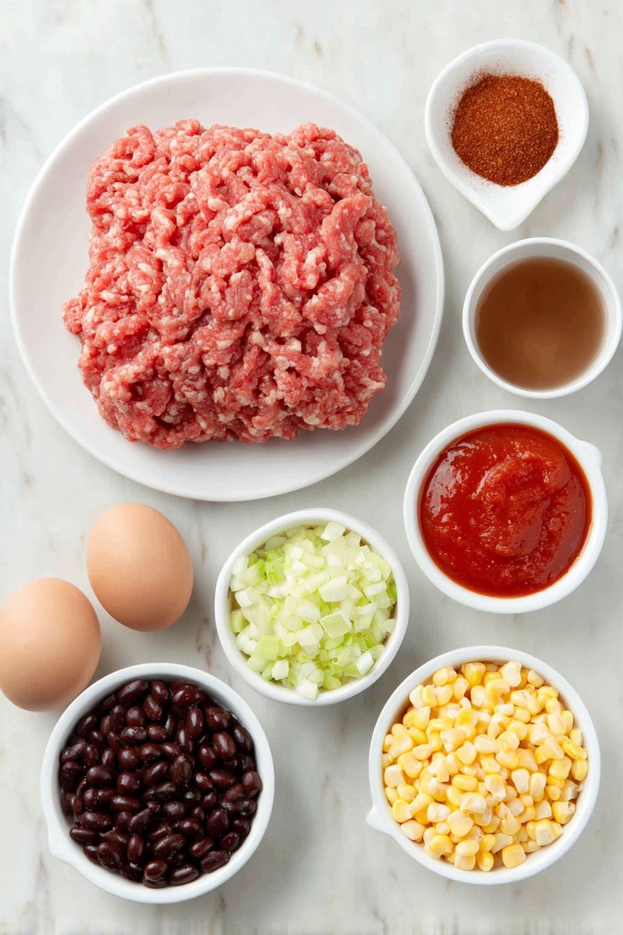 Flat lay of a portion of fresh raw ground beef shaped loosely, two ripe red tomatoes with small green chile pieces visible inside diced, a handful of shiny black beans, a scattering of deep red kidney beans, golden yellow whole kernel corn kernels, smooth vibrant red tomato sauce in a small white ceramic bowl, a small mound of reddish-brown taco seasoning powder on a white plate, a small white bowl with clear beef broth, all arranged symmetrically around a simple white ceramic bowl, placed on a clean white marble surface, soft natural light, photo taken with an iPhone, professional food photography style, fresh ingredients, white ceramic bowls, no bottles, no duplicates, no utensils, no packaging --ar 2:3 --v 7 --p m7354615311229779997
