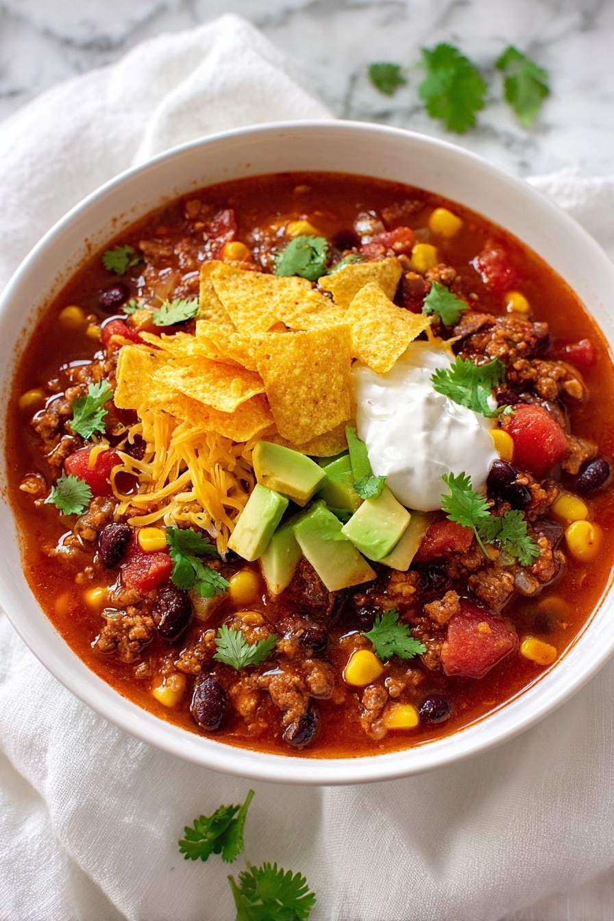 A white bowl with a bumpy edge sits on a white marbled surface. Inside is a thick red soup filled with chunks of red tomatoes, yellow corn, black beans, and bits of meat. On top, there is a layer of shredded orange cheese, creamy white sour cream, small green pieces of avocado, cilantro leaves, and a small pile of crunchy yellow tortilla chips. Photo taken with an iphone --ar 2:3 --v 7