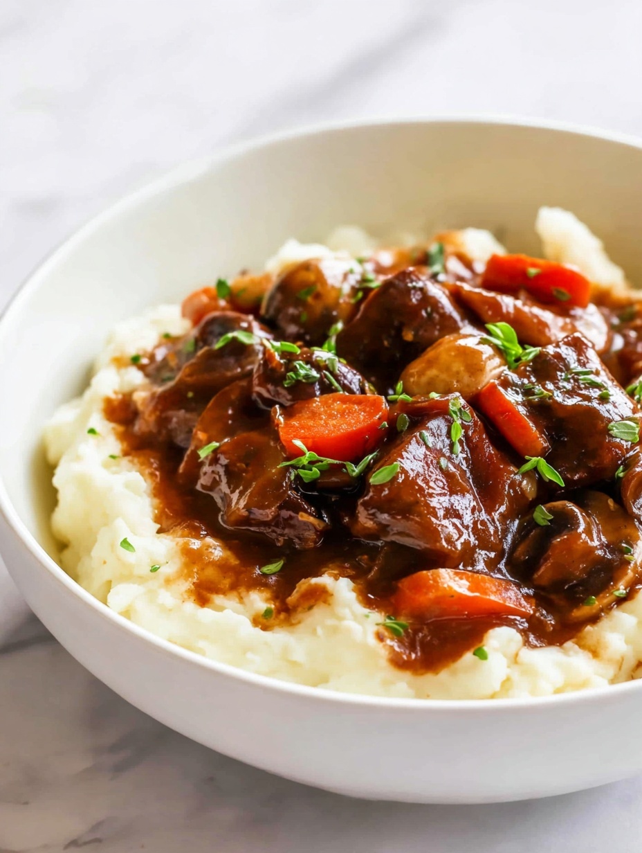 A white bowl holds two layers: the first layer is fluffy white mashed potatoes with a smooth texture, taking up the bottom half of the bowl. On top, a thick brown stew with chunks of dark brown tender meat, orange carrot slices, and pieces of mushrooms covered in rich glossy gravy sits, garnished with small green herb leaves. The bowl is placed on a white marbled surface. Photo taken with an iphone --ar 2:3 --v 7
