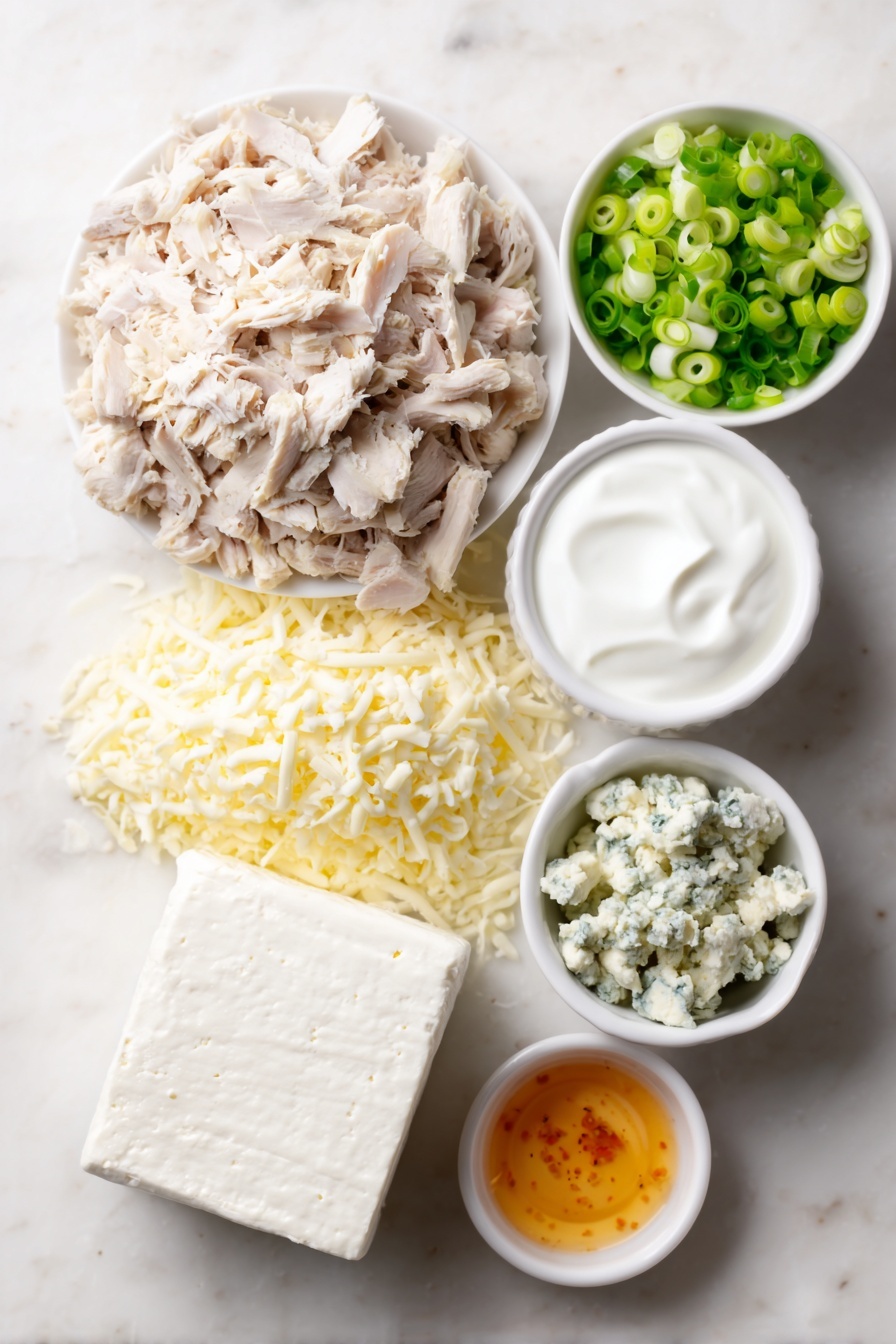Flat lay of shredded cooked chicken piled loosely, a small white ceramic bowl filled with soft cream cheese cubes, another bowl heaped with shredded mozzarella cheese, a third bowl containing thick plain Greek yogurt, a small white bowl with vibrant red hot sauce, a delicate white bowl holding crumbly blue cheese, a small pile of thinly sliced green onions scattered beside the bowls, all arranged symmetrically on a clean white marble surface, soft natural light, photo taken with an iPhone, professional food photography style, fresh ingredients, white ceramic bowls, no bottles, no duplicates, no utensils, no packaging --ar 2:3 --v 7 --p m7354615311229779997