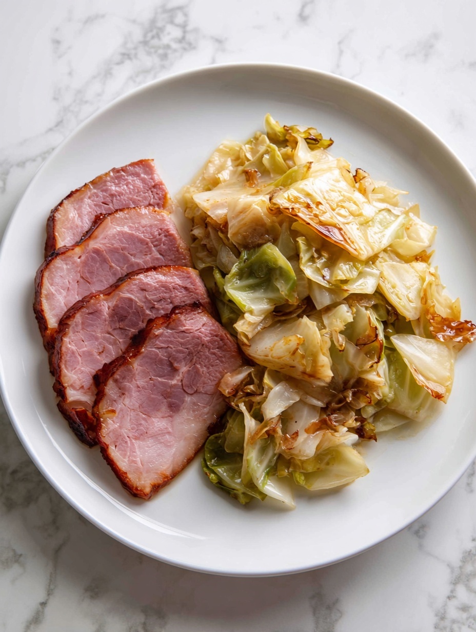The image shows a white plate with blue floral patterns holding two main layers: on the left side, three thick slices of cooked meat with a crispy, golden-brown outer layer and a pinkish inside, and on the right side, a pile of sautéed cabbage and onions with a light golden and slightly caramelized color. The plate is placed on a white marbled textured surface. photo taken with an iphone --ar 2:3 --v 7