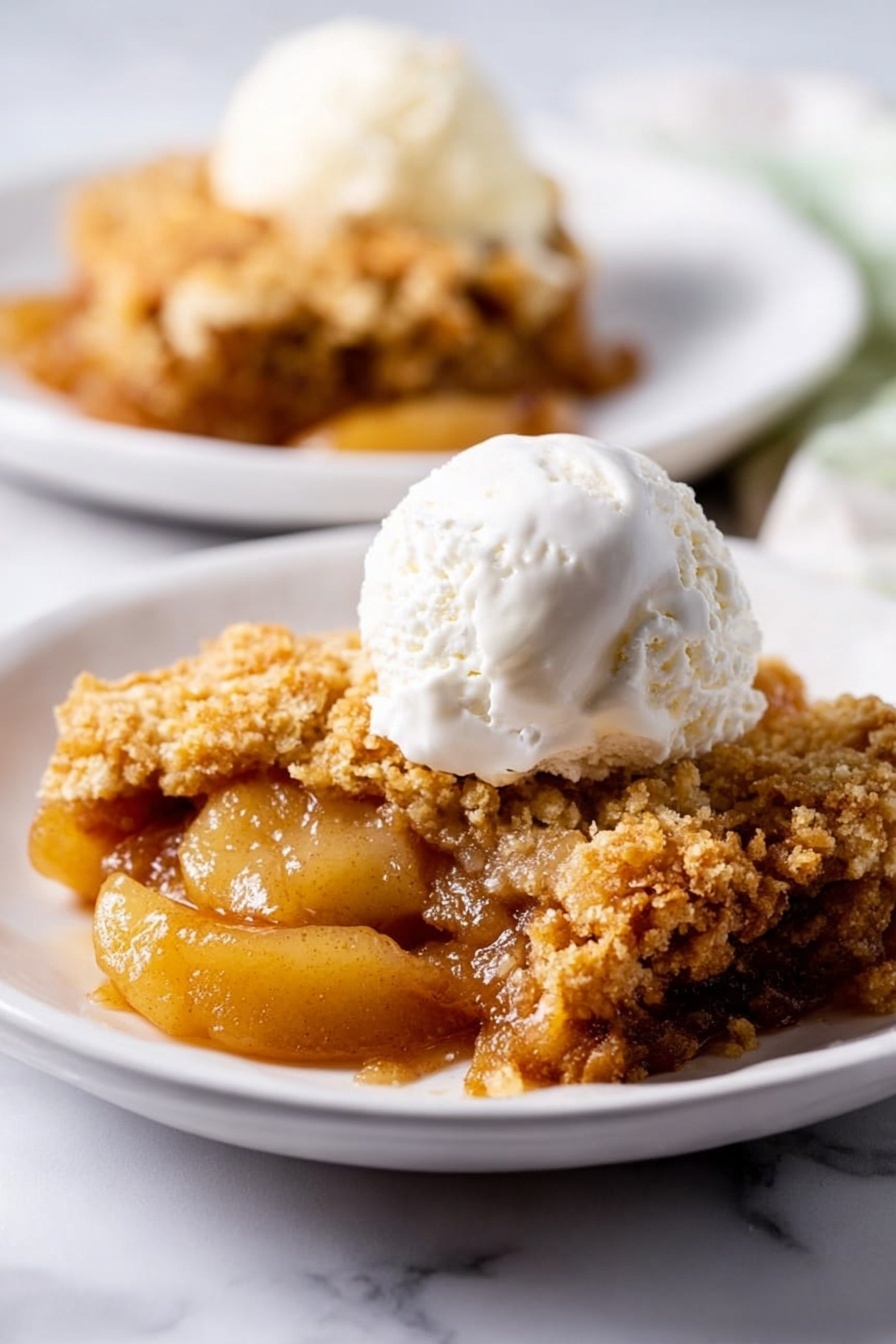 The image shows a white plate holding a brown, crispy fried item with a rough texture, topped with a smooth, round scoop of white ice cream. Next to this, there is a portion of cooked apple slices in a shiny, light caramel sauce, with the apples being soft and slightly translucent. In the background, there is a second white plate with another fried item, slightly out of focus, set on a white marbled surface. A woman's hand is visible, holding a fork poised over the plate in the back. Photo taken with an iphone --ar 2:3 --v 7